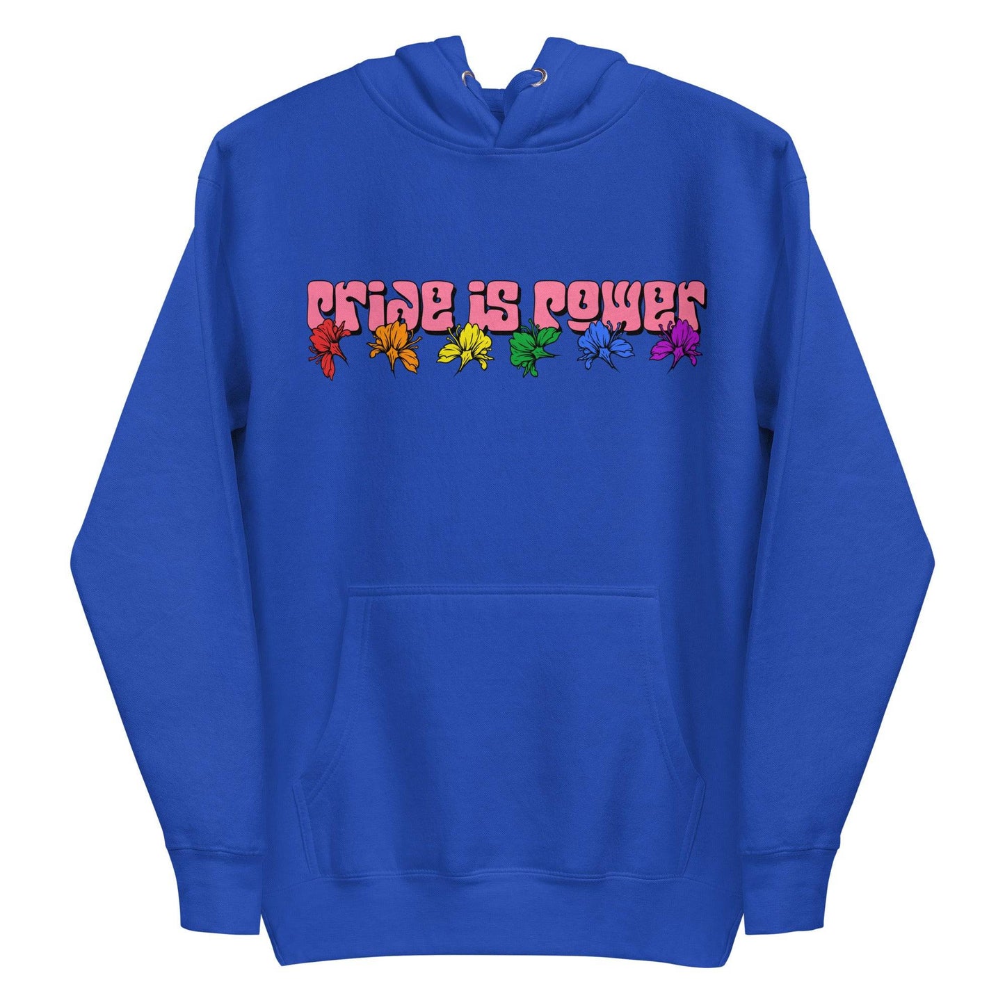 Introducing the "Pride Is Power Hoodie" by Pridelity: This white hoodie showcases the empowering message "Pride is Power" in bold, colorful letters above a vibrant rainbow row of leaves. It is a proud representation of diversity and inclusivity, perfectly complementing our pride shirts collection that celebrates unity.