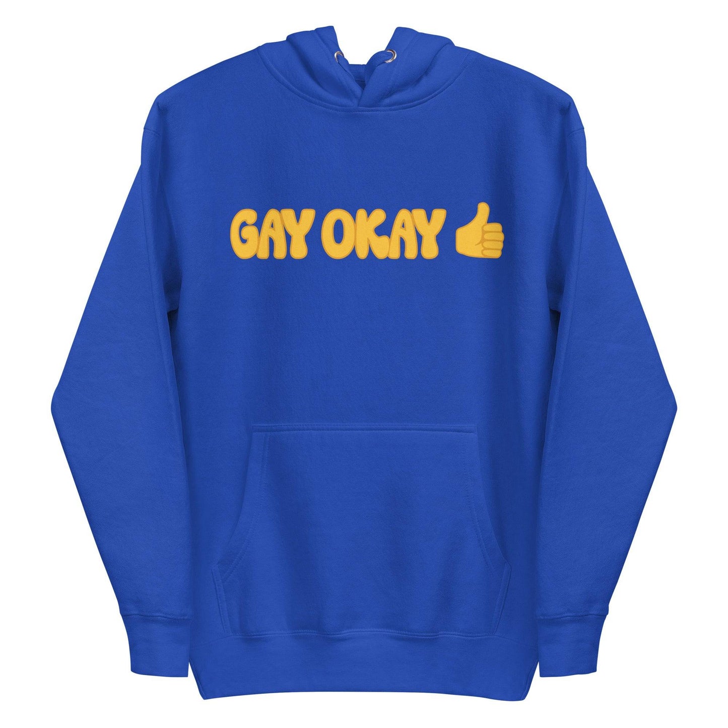 Introducing the Gay Okay Hoodie by Pridelity, a white pride hoodie showcasing "GAY OKAY" in bold yellow bubble letters on the front. It features a delightful yellow thumbs-up emoji and is designed with a cozy front pocket and adjustable drawstrings, making it perfect for celebrating identity and style.