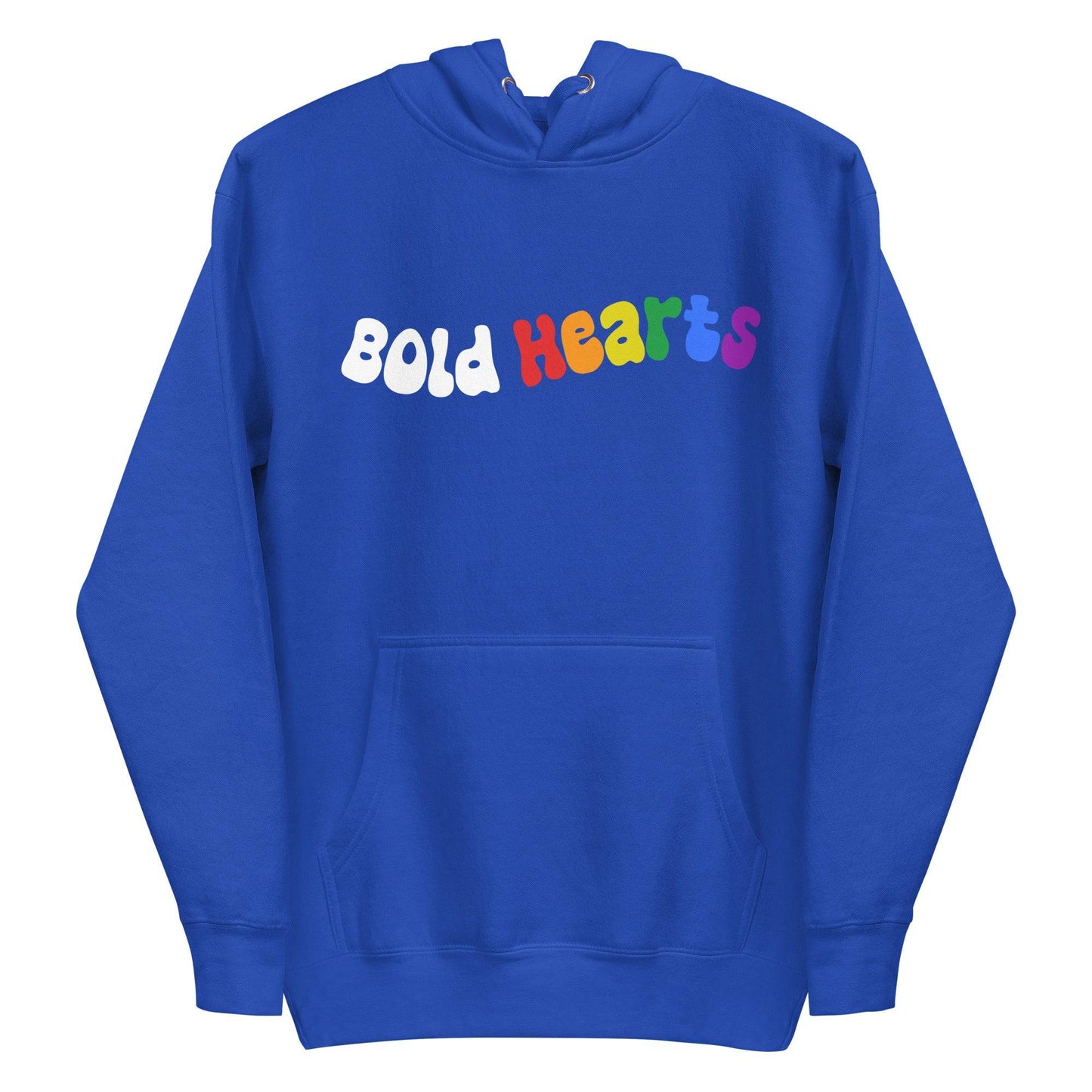 The Bold Hearts Hoodie from Pridelity is a black garment showcasing the words "Bold Hearts" on the front in a playful, wavy font to celebrate Pride. "Bold" stands out in white, while "Hearts" captivates with a vibrant rainbow gradient. This stylish piece of Pride merchandise includes a front pocket and drawstring hood for extra comfort.