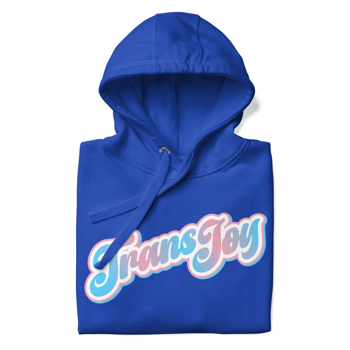 Introducing the Trans Joy Hoodie by Pridelity in Team Royal. This hoodie is a standout piece from the pride collection, showcasing "Trans Joy" printed in pastel pink, blue, and white on the front. It features a handy kangaroo pocket at the bottom, making it perfect for celebrating with style and embracing LGBTQ+ pride every day!