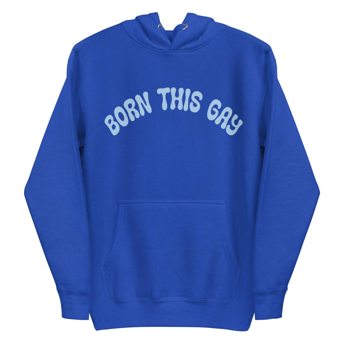 This navy blazer hoodie from Pridelity's Pride Collection prominently features "BORN THIS GAY" in light blue across the chest, complete with a convenient front pocket and a cozy drawstring hood, making it an essential piece of Pride Merch.