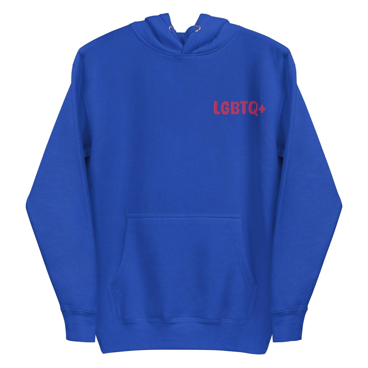 Introducing the Pridelity LGBTQ+ Hoodie in white, showcasing a small red "LGBTQ+" print on the left chest. This pride hoodie combines comfort and style, featuring a front pocket and drawstrings for those wishing to express their support with understated elegance.