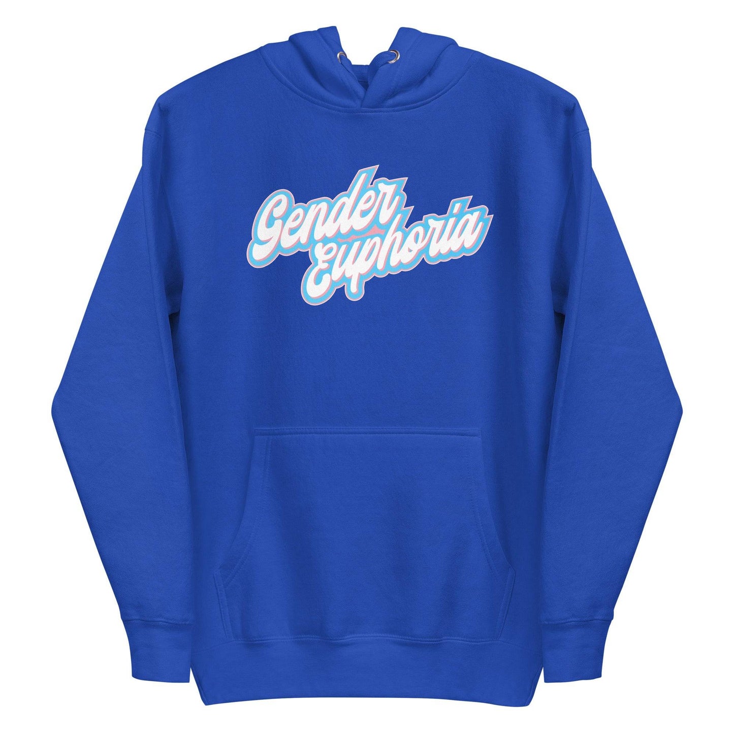 Introducing the Pridelity Gender Euphoria Hoodie, a stylish white piece adorned with "Gender Euphoria" in elegant blue and pink script across the chest. It features a front pocket and adjustable hood drawstrings for added comfort.