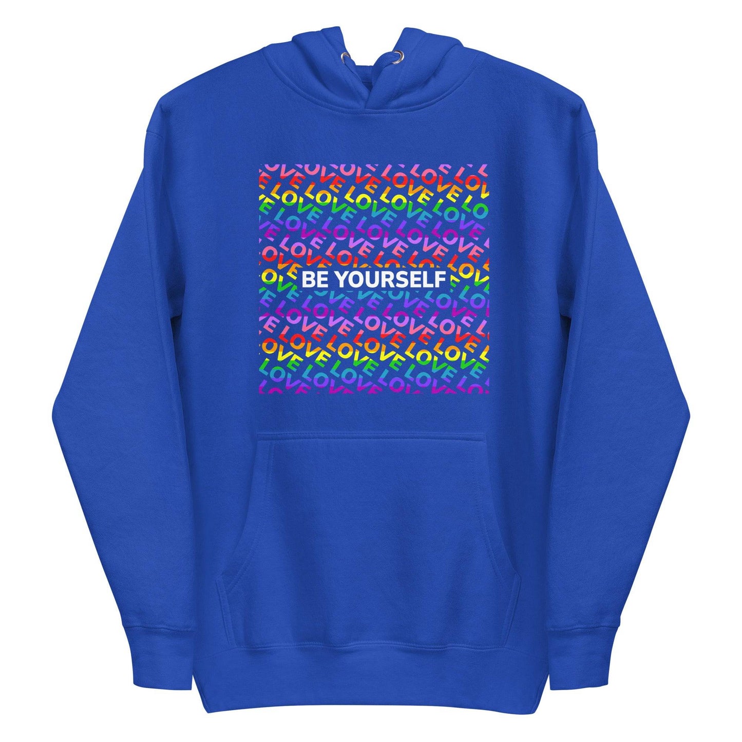 Introducing the Be Yourself Hoodie by Pridelity: a black hoodie adorned with a vibrant square pattern and the uplifting message "LOVE YOURSELF" in rainbow colors repeated inside. This striking piece of Pride merch is sure to stand out, making it an ideal addition to any Pride collection with its emphasis on positivity.