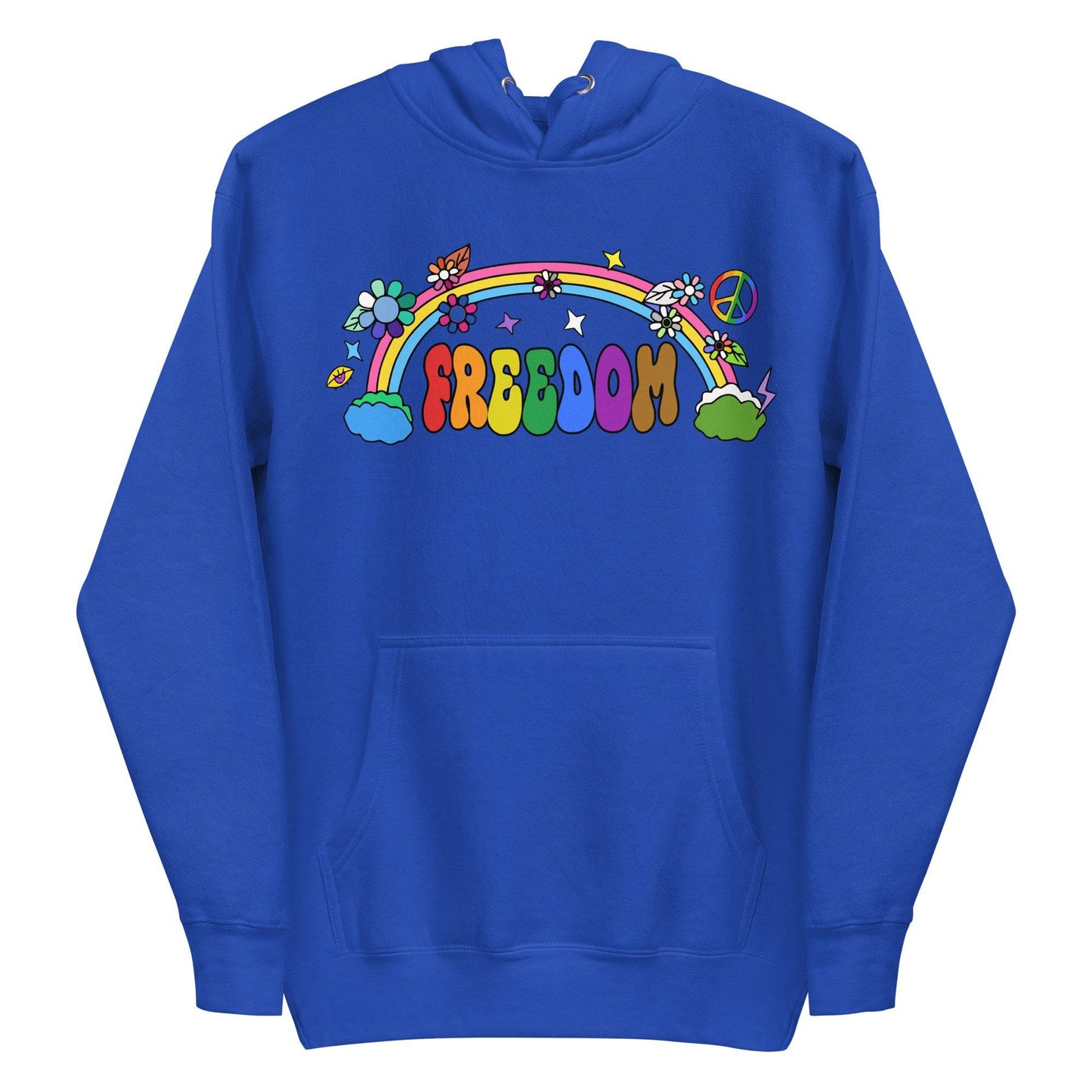 A folded dusty rose Freedom Hoodie from Pridelity features a vibrant design with "Freedom" in rainbow letters. It's adorned with flowers, stars, a rainbow, and a peace symbol, all in a playful retro style.