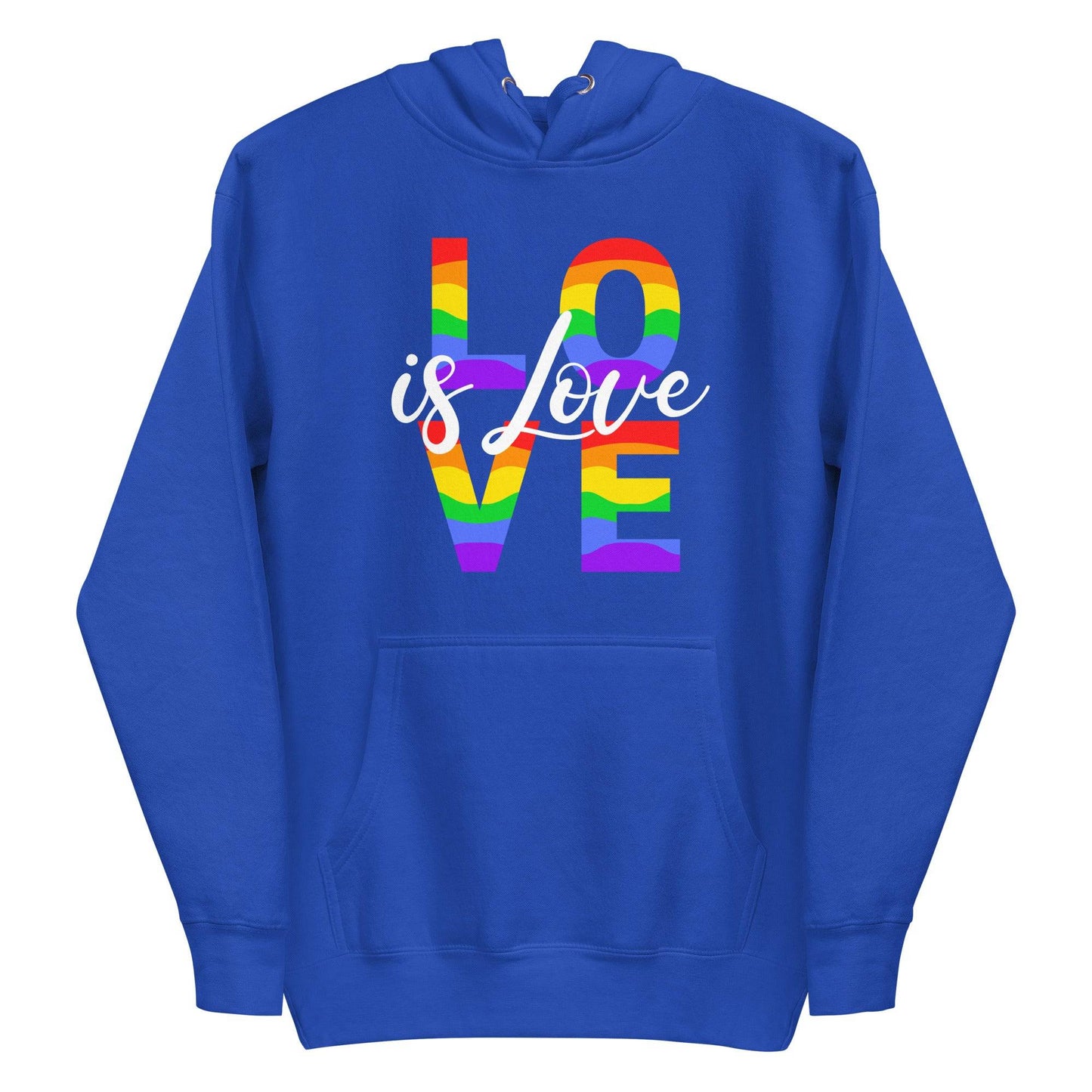 Pridelity introduces the Love Hoodie, a stylish black garment that celebrates pride. It showcases "LOVE is Love" on the front, with "LOVE" adorned in a vibrant rainbow pattern and "is Love" elegantly scripted in white cursive. Designed for both comfort and style, this pride hoodie includes a kangaroo pocket and drawstrings.