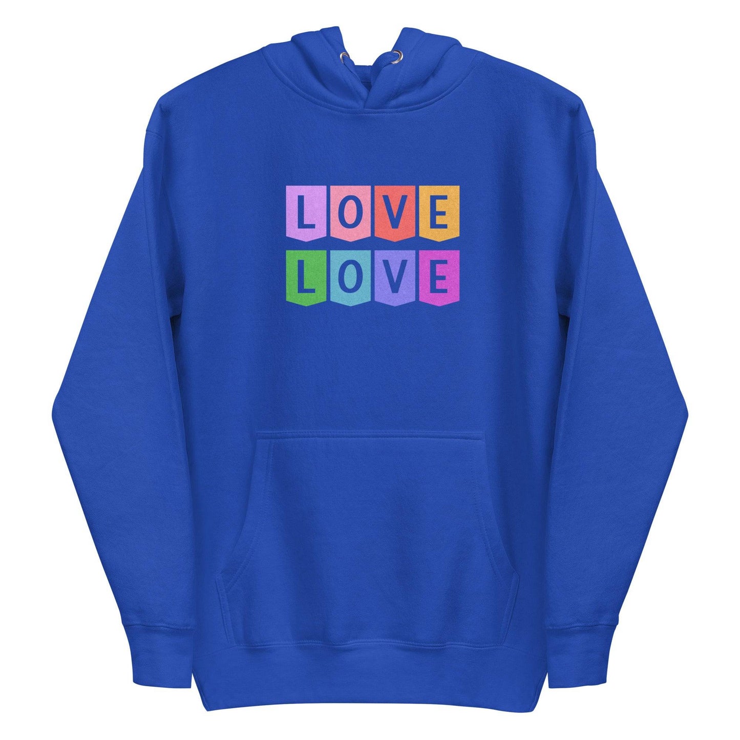 The Pridelity Love Love Hoodie is a white hoodie showcasing a colorful block design on the chest, with the word "LOVE" written twice and each letter featured in its own square. The vibrant colors—pink, purple, orange, green, and blue—make it an ideal addition to your pride shirts collection. It also includes a front pocket and drawstring hood for added comfort and style.