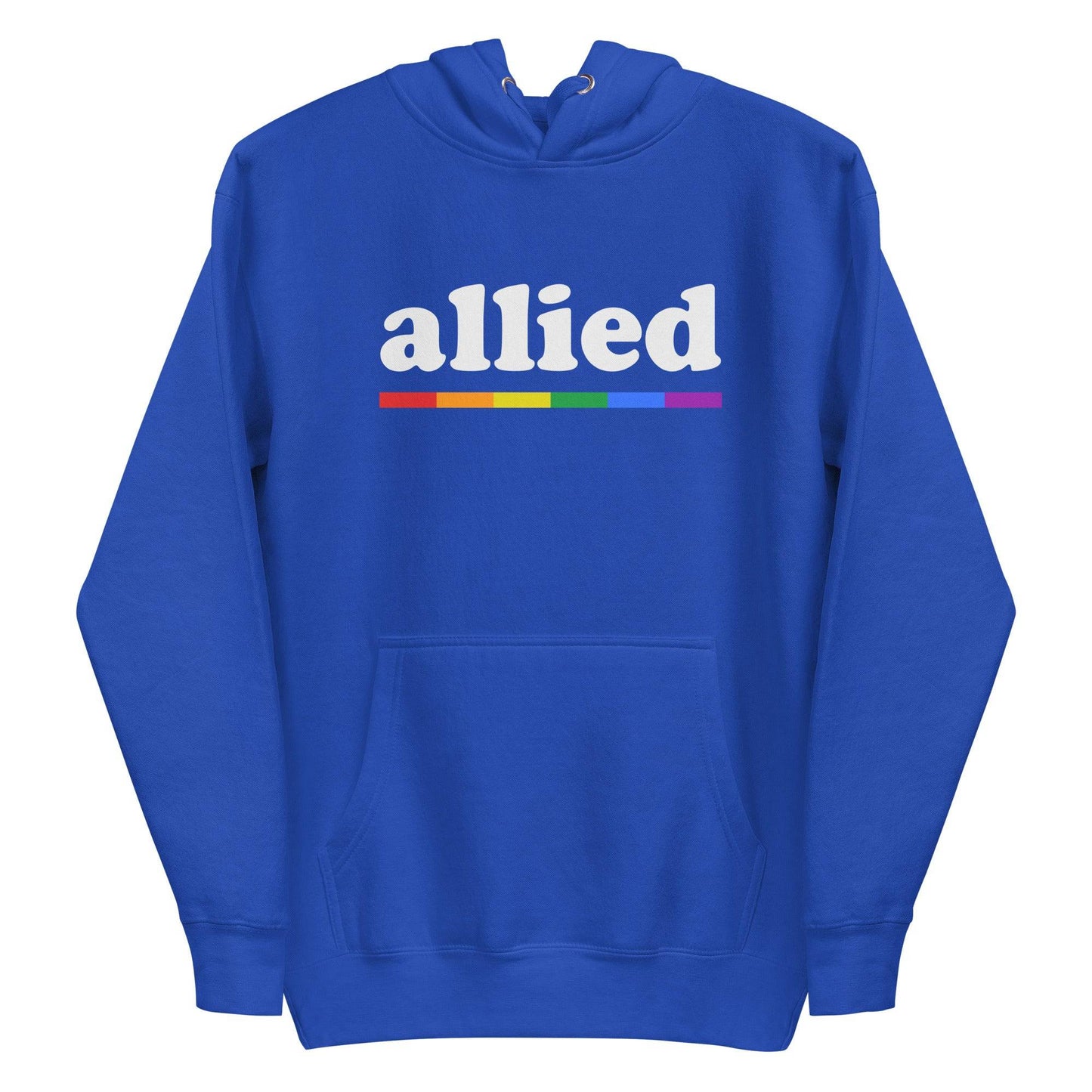 Introducing the Allied Hoodie by Pridelity: a black hoodie that showcases the word "allied" in white text above a striking rainbow stripe, making it a standout piece from our Pride Collections.
