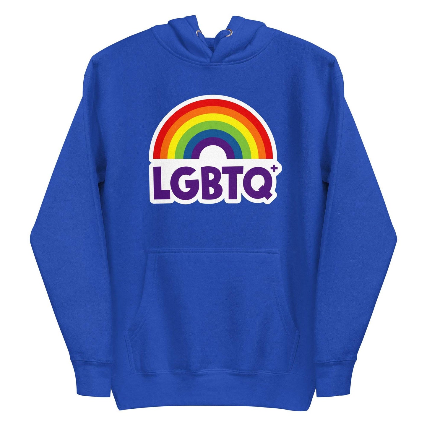 The Pridelity LGBTQ+ Hoodie, with its vibrant purple hue, showcases a rainbow design above the "LGBTQ+" text on the front. Perfect for pride enthusiasts, it includes a spacious front pocket and a hood equipped with drawstrings.