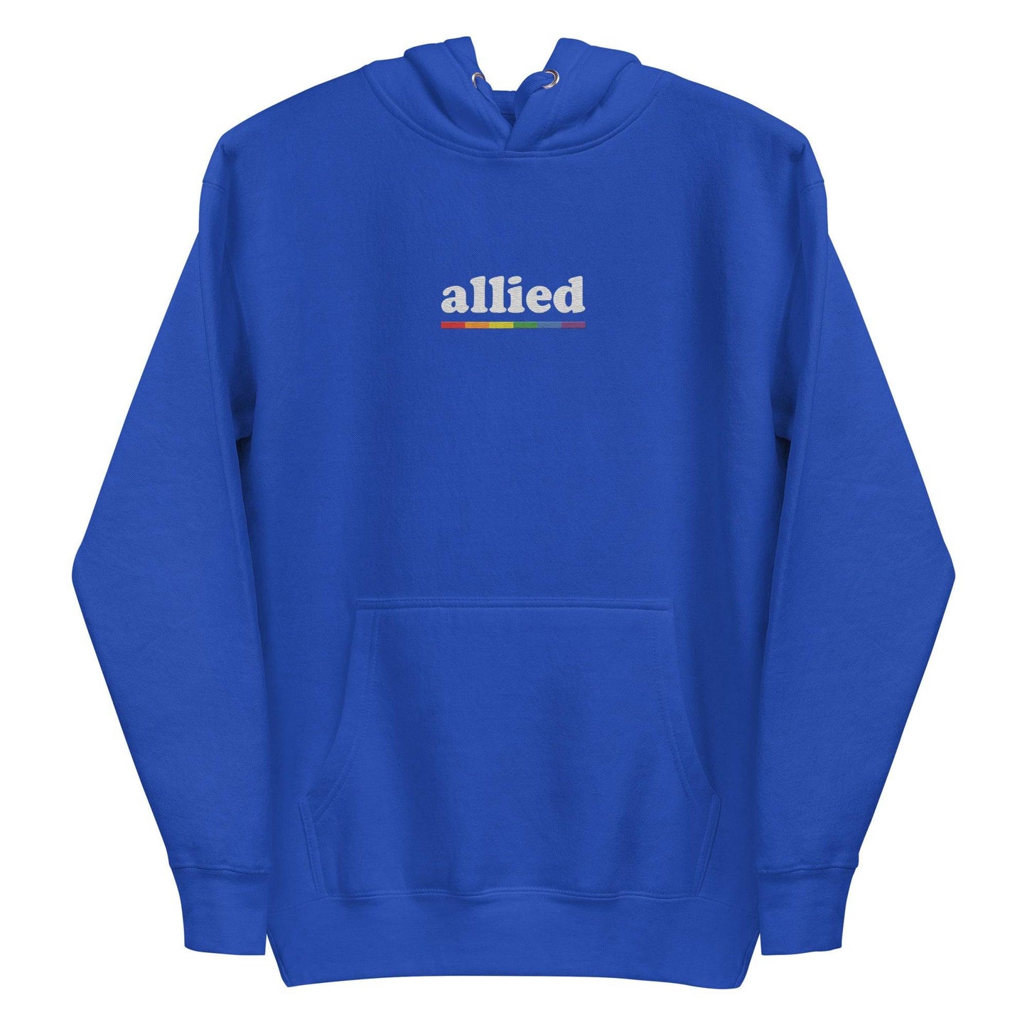 The Allied Hoodie by Pridelity is a black hoodie adorned with the word "allied" in white text across the chest, accompanied by a vibrant horizontal rainbow stripe below. This piece of Pride Merch features a front pocket and a drawstring hood, effortlessly combining comfort with meaningful expression.