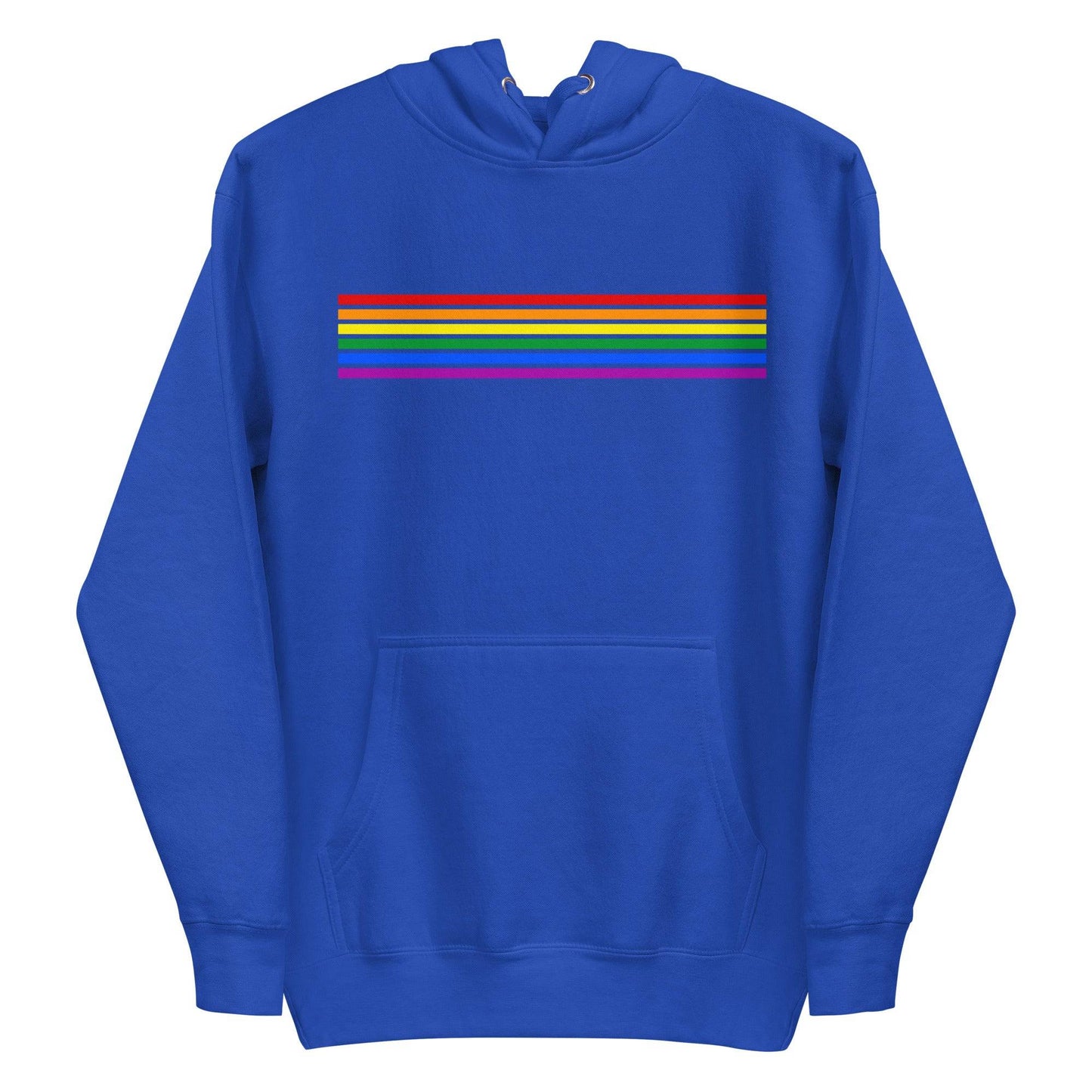Presenting the Rainbow Stripes Hoodie from Pridelity: This black hoodie boasts a striking horizontal rainbow stripe across the chest, highlighting vibrant hues such as red, orange, yellow, green, blue, and purple. Created to honor the LGBTQ+ community, it also features a front pocket and adjustable drawstrings for comfort and style.