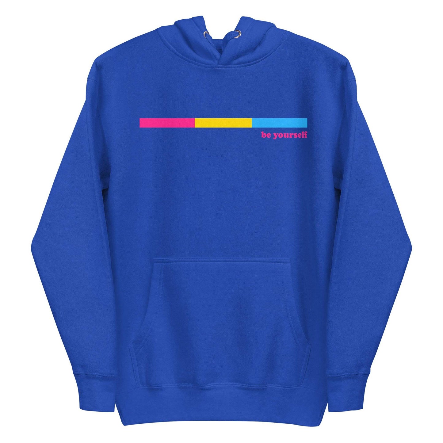 Celebrate your individuality with Pridelity's Pansexual Hoodie in black, showcasing a sleek and minimalist design. It features a striking horizontal bar in magenta, yellow, and blue, accompanied by the empowering text "be yourself" in pink—making it not just an item of clothing, but a bold statement.