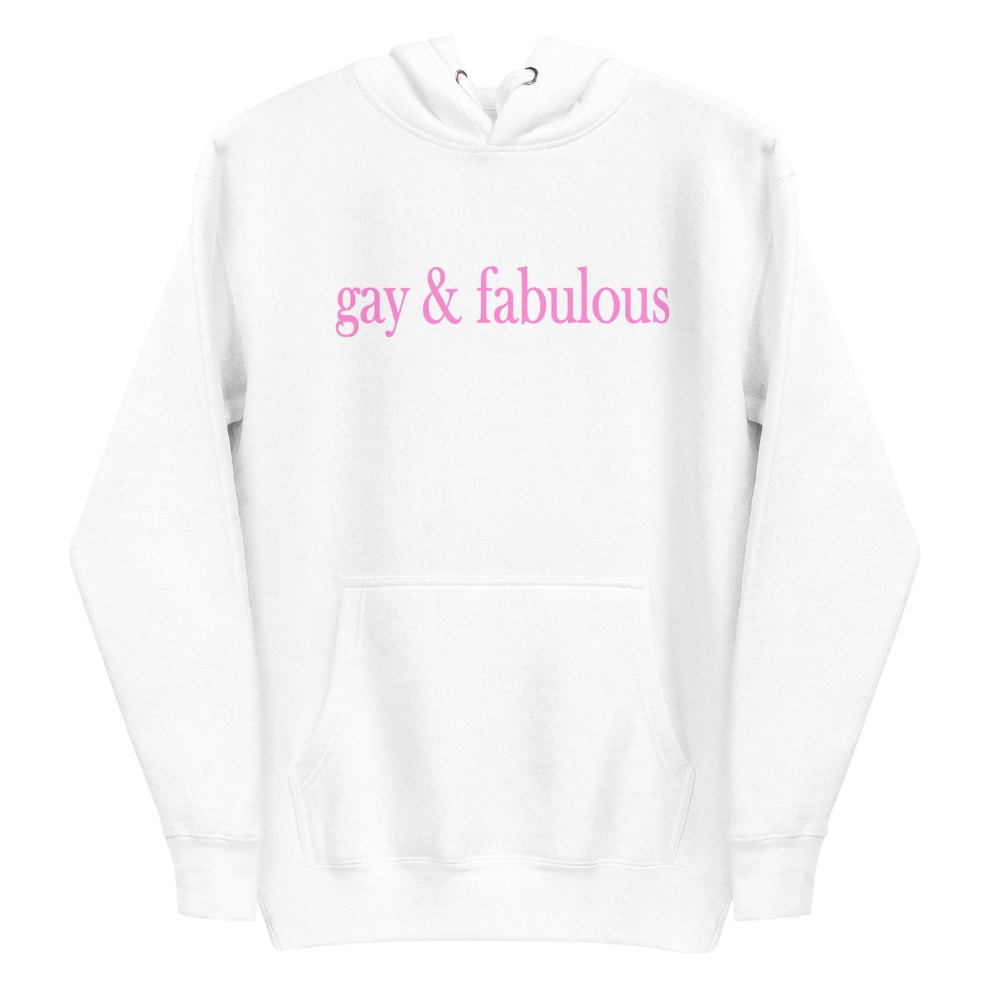 Introducing the Pridelity "Gay & Fabulous" Hoodie in maroon, featuring a front pocket and the phrase "gay & fabulous" prominently displayed in pink across the chest.