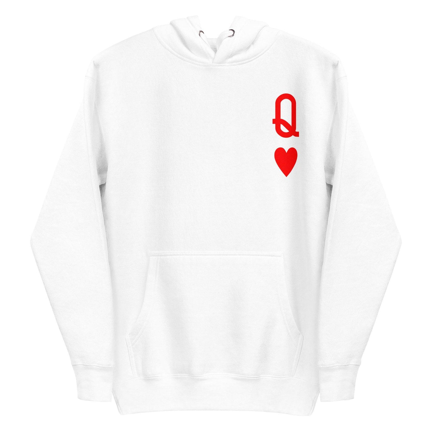 Presenting the Queen of Hearts Hoodie by Pridelity: a white hoodie adorned with a red "Q" topped with a crown-like loop and a red heart below it on the chest, capturing the essence of a playing card. As part of our Pride Collection, this cozy garment celebrates LGBTQ+ identity, complete with a front pocket and drawstring hood.