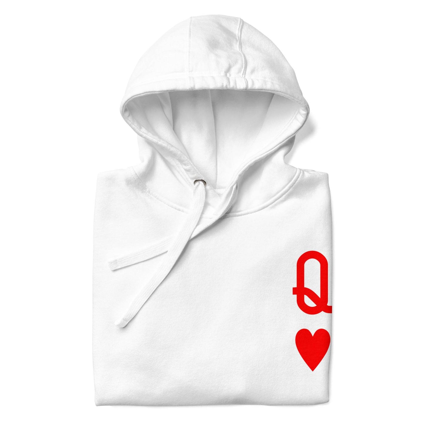 Presenting the Queen of Hearts Hoodie by Pridelity: a white hoodie adorned with a red "Q" topped with a crown-like loop and a red heart below it on the chest, capturing the essence of a playing card. As part of our Pride Collection, this cozy garment celebrates LGBTQ+ identity, complete with a front pocket and drawstring hood.