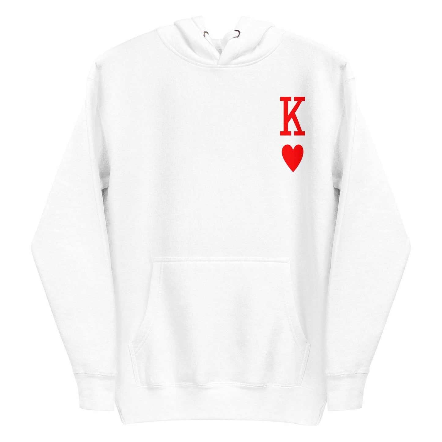 White King of Hearts Hoodie by Pridelity, adorned with a red "K" and heart symbol on the upper left side, reminiscent of a playing card design. Ideal for individuals who appreciate distinctive pride apparel with a timeless touch.