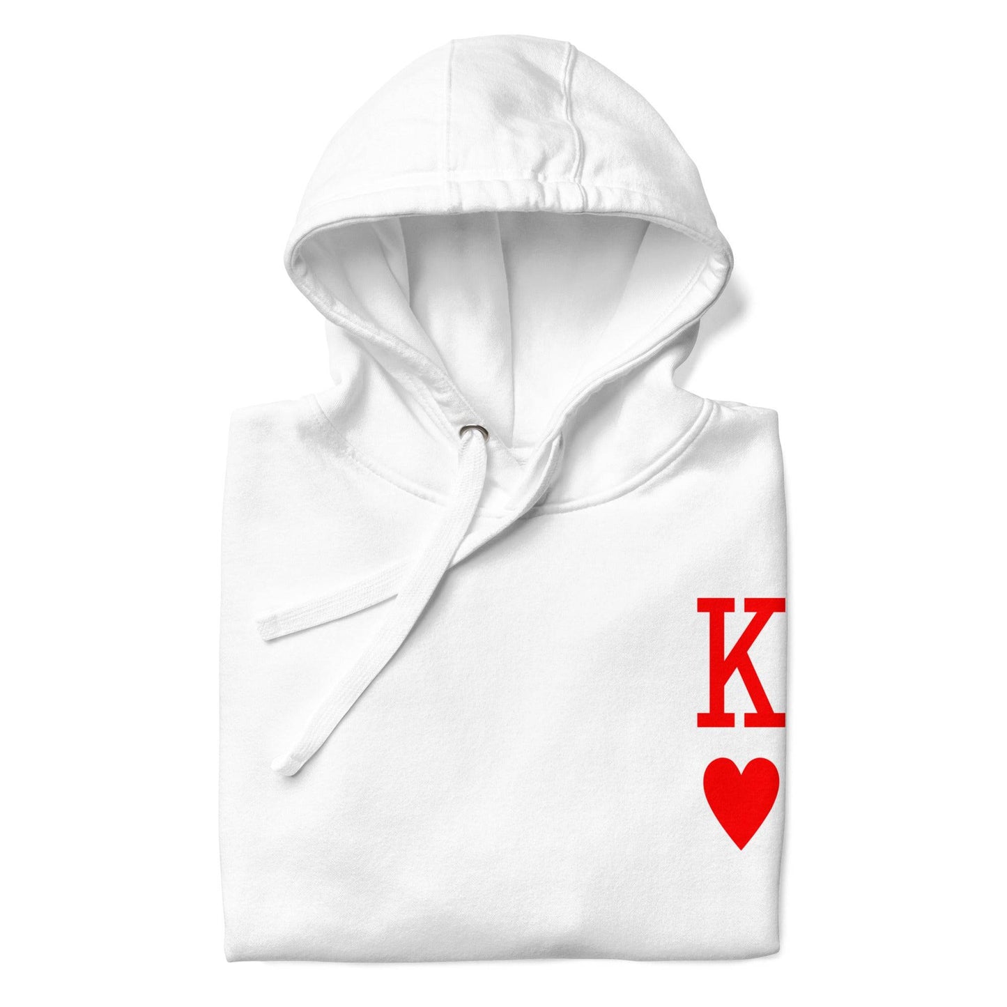 White King of Hearts Hoodie by Pridelity, adorned with a red "K" and heart symbol on the upper left side, reminiscent of a playing card design. Ideal for individuals who appreciate distinctive pride apparel with a timeless touch.