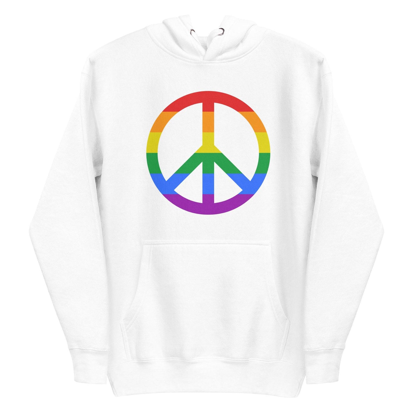 The Peace Hoodie by Pridelity showcases a rainbow peace symbol on the front of a black hoodie, set against a plain white background, making it an ideal addition to your pride shirt collection.