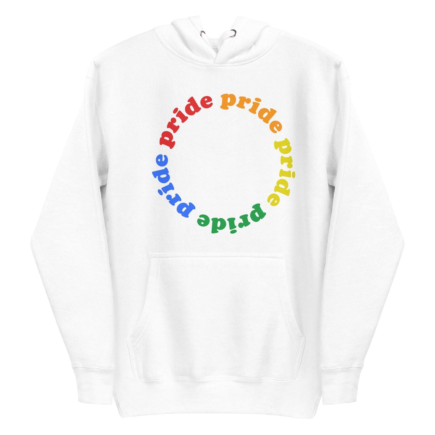Introducing the Pride Circle Hoodie by Pridelity, a stylish white hoodie that celebrates pride with a captivating circular design featuring the word "pride" in vibrant rainbow-gradient letters. This cozy garment perfectly blends the classic appeal of traditional pride shirts with modern comforts like a front pocket and drawstring hood.