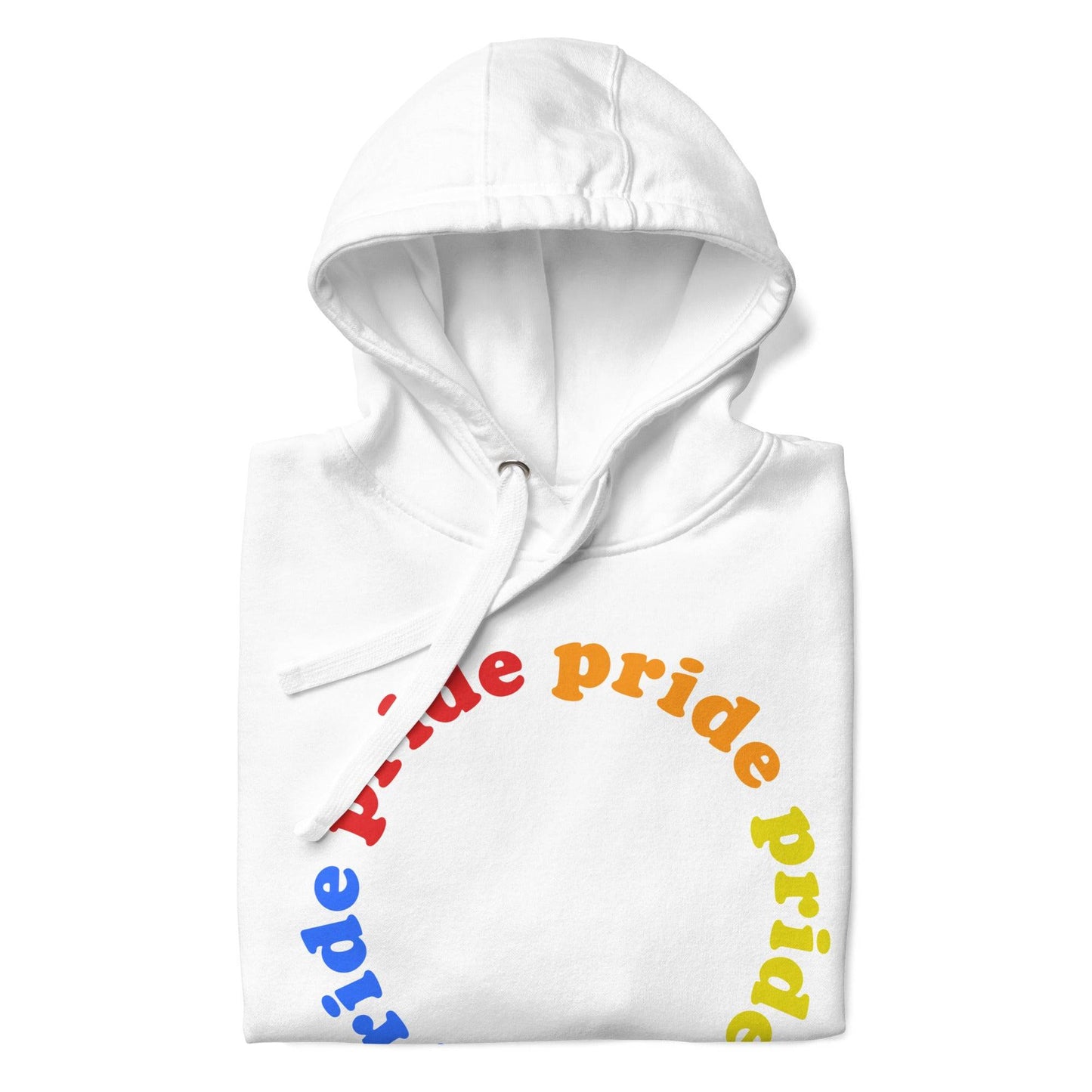 Introducing the Pride Circle Hoodie by Pridelity, a stylish white hoodie that celebrates pride with a captivating circular design featuring the word "pride" in vibrant rainbow-gradient letters. This cozy garment perfectly blends the classic appeal of traditional pride shirts with modern comforts like a front pocket and drawstring hood.
