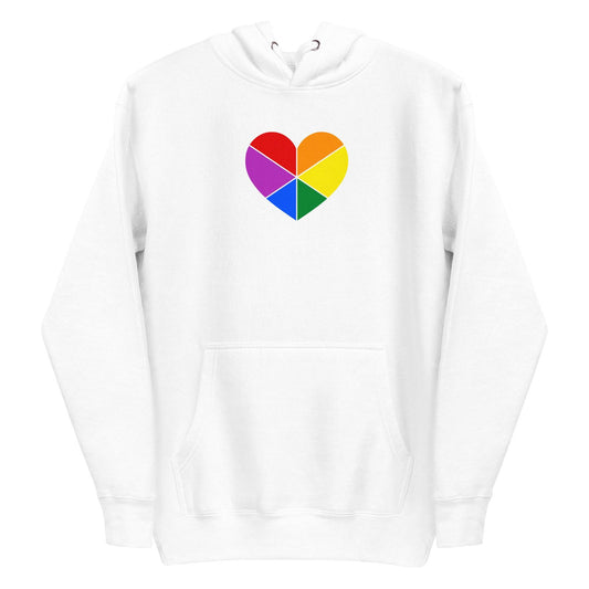 The Pride Heart Hoodie from Pridelity is a white hoodie adorned with a multicolored heart emblem at its center, inspired by pride shirts. Each segment of the heart reveals a different color, creating a vibrant rainbow pattern. It also includes a convenient front pocket and an adjustable hood with drawstrings for added comfort.