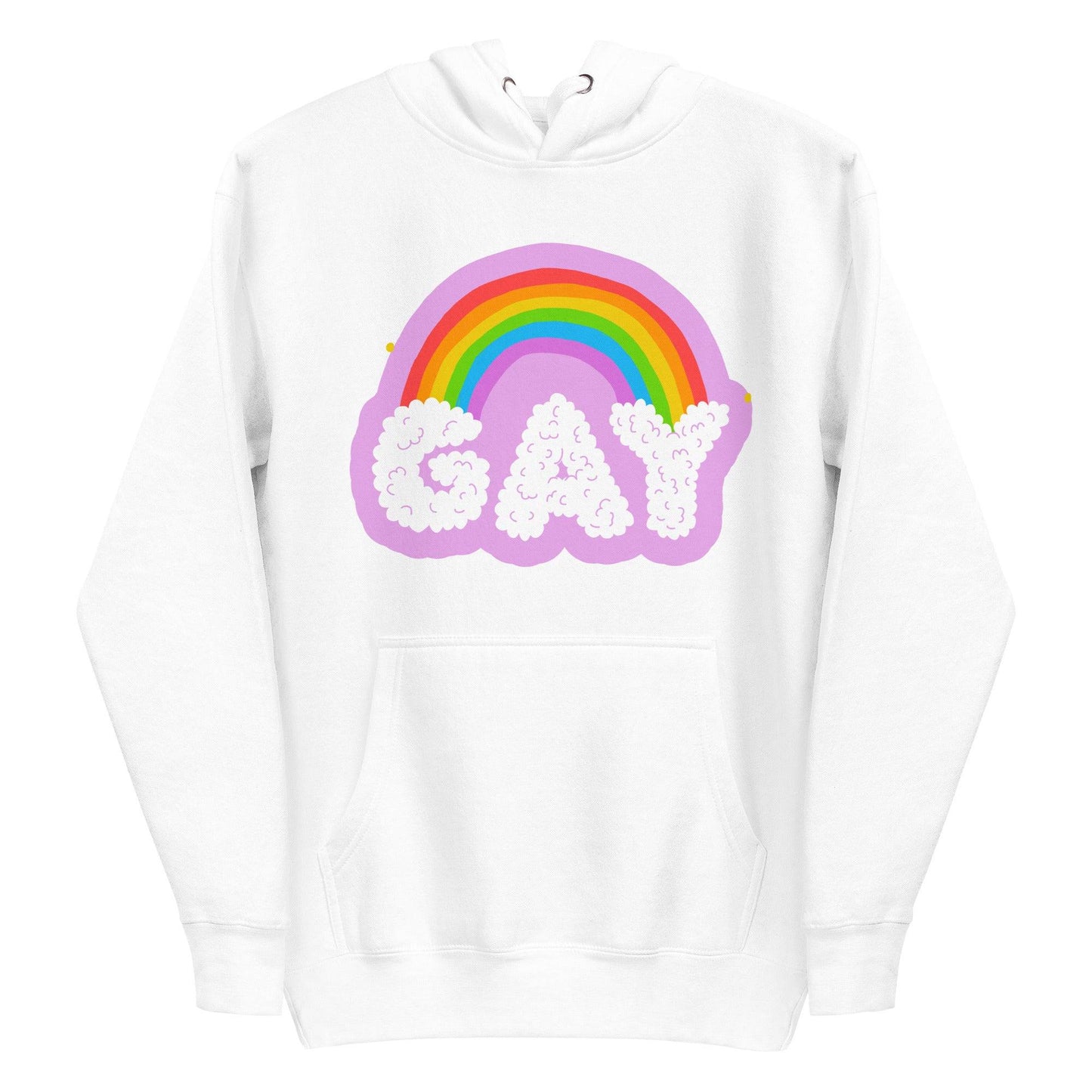 The Cloud Gay Hoodie from Pridelity's Pride Merch collection is a white hoodie showcasing a vibrant rainbow over the word "GAY" in fluffy, cloud-like letters. This bold design celebrates LGBTQ+ pride. The hoodie is equipped with a front pocket and drawstrings for added comfort.