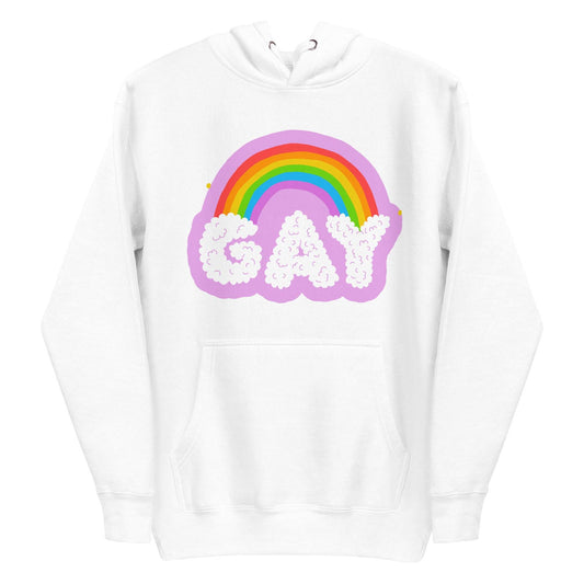 The Cloud Gay Hoodie from Pridelity's Pride Merch collection is a white hoodie showcasing a vibrant rainbow over the word "GAY" in fluffy, cloud-like letters. This bold design celebrates LGBTQ+ pride. The hoodie is equipped with a front pocket and drawstrings for added comfort.