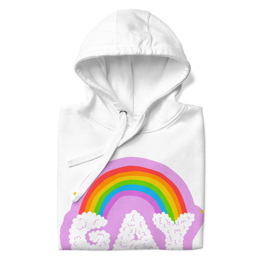 The Cloud Gay Hoodie from Pridelity's Pride Merch collection is a white hoodie showcasing a vibrant rainbow over the word "GAY" in fluffy, cloud-like letters. This bold design celebrates LGBTQ+ pride. The hoodie is equipped with a front pocket and drawstrings for added comfort.