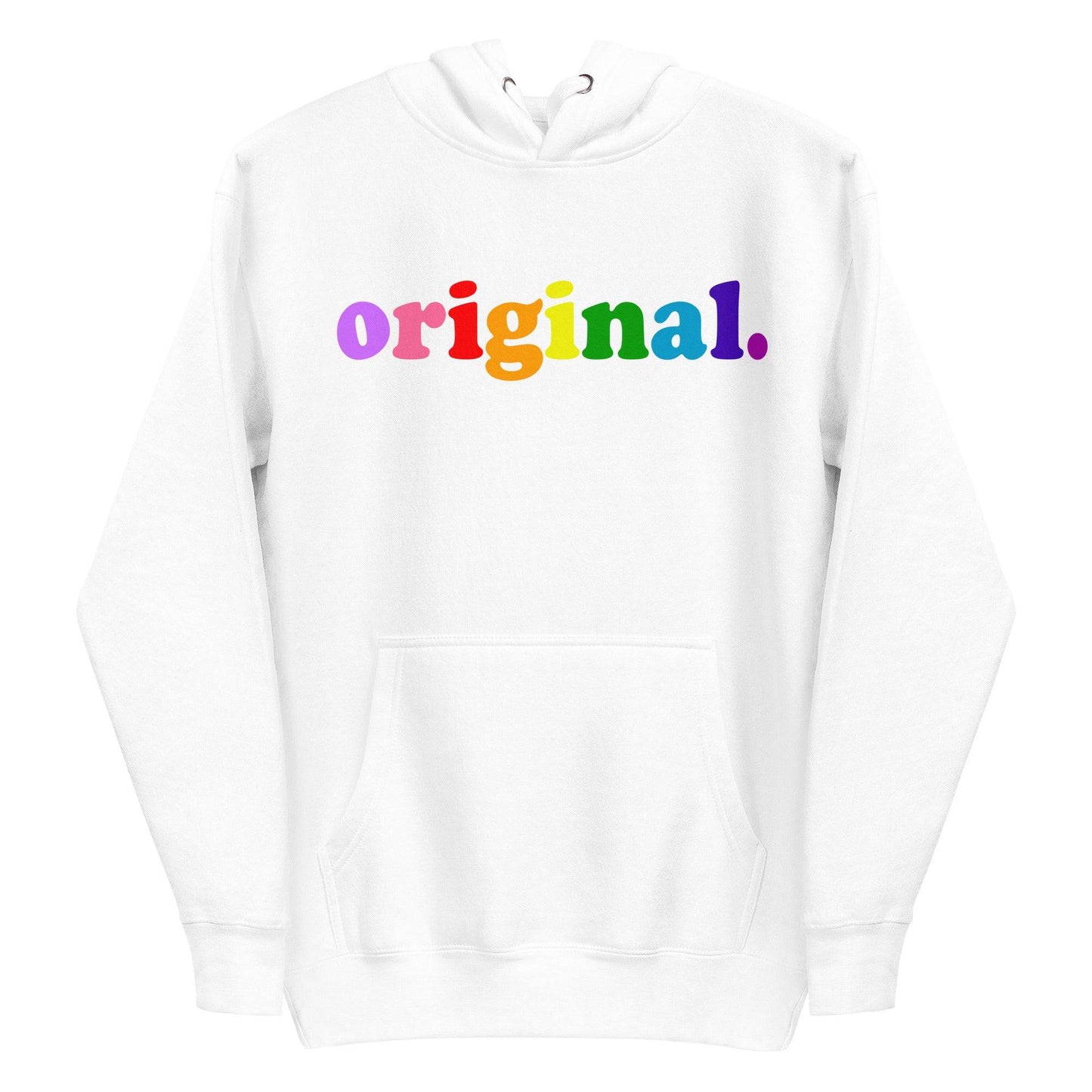 Introducing the Original Hoodie by Pridelity, a black hoodie featuring the word "original" in bold rainbow-colored letters across the chest, capturing the essence of pride shirts. It includes a front pocket and a drawstring hood for both comfort and style.