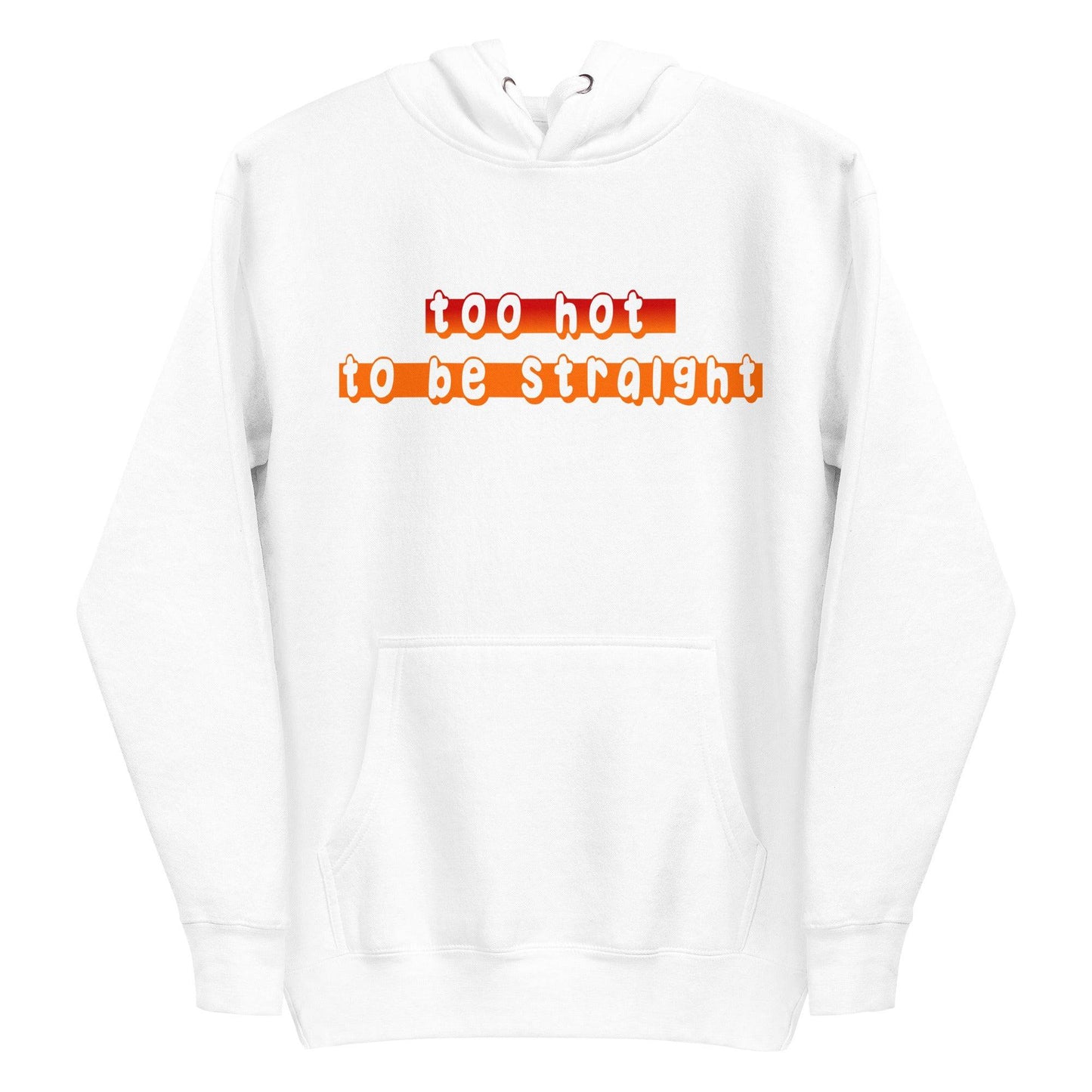 Pridelity's "Too Hot To Be Straight" hoodie is a black garment featuring a front pocket and the phrase in bold, colorful letters across the chest, part of their pride collection celebrating the LGBTQ+ community.