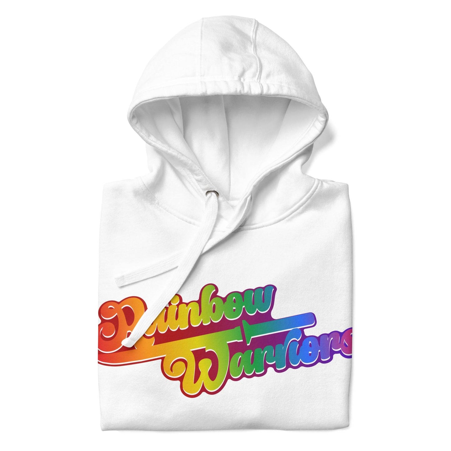 The Rainbow Warriors Hoodie from Pridelity is a white hoodie featuring the phrase "Rainbow Warriors" in vibrant, gradient text. As part of our pride collection, it showcases a retro style with a blend of orange, yellow, green, blue, and purple tones. This LGBTQ+ tribute hoodie comes neatly folded for your convenience.