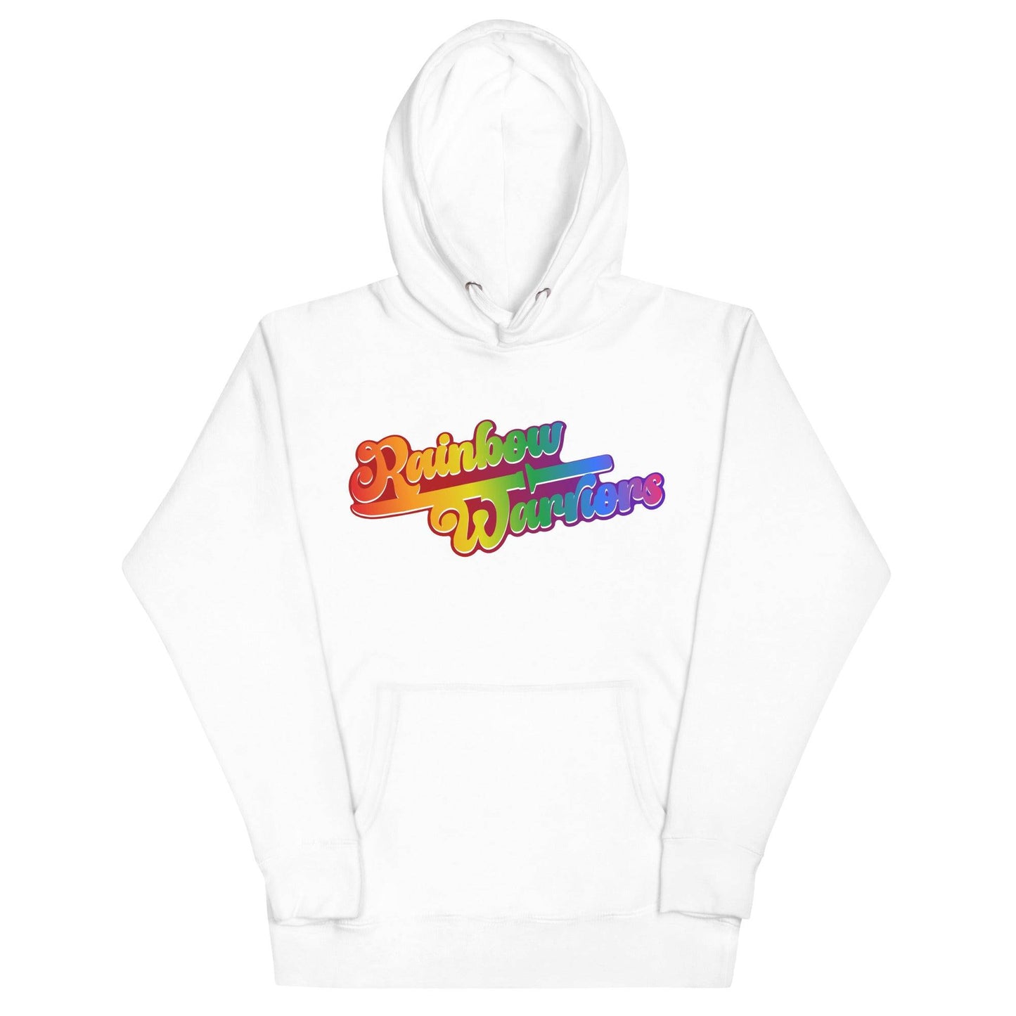 The Rainbow Warriors Hoodie from Pridelity is a white hoodie featuring the phrase "Rainbow Warriors" in vibrant, gradient text. As part of our pride collection, it showcases a retro style with a blend of orange, yellow, green, blue, and purple tones. This LGBTQ+ tribute hoodie comes neatly folded for your convenience.