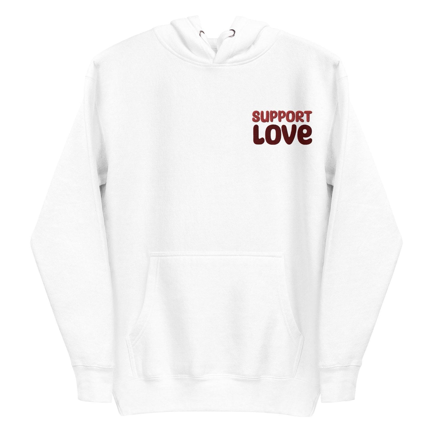 Introducing the "Support Love Hoodie" from Pridelity's pride collection. This LGBTQ+ friendly design in dusty rose boasts "Support Love" printed in dark red on the left chest area. Featuring a stylish front pocket and drawstrings, it beautifully marries fashion with a message of unity and acceptance.