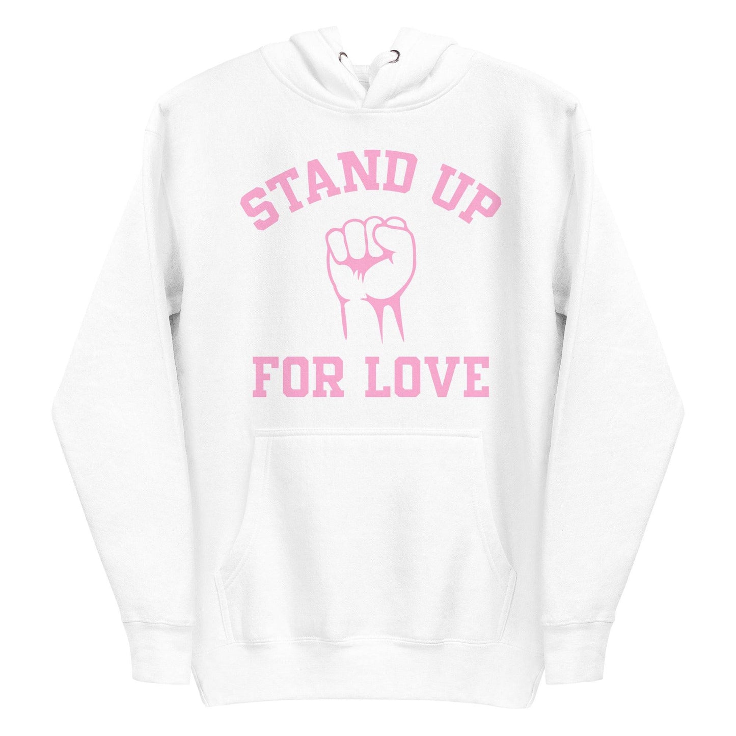 Check out the Stand Up Hoodie by Pridelity, a purple piece from our pride collection, adorned with "Stand Up For Love" in pink and a central raised fist graphic, celebrating LGBTQ+ solidarity.
