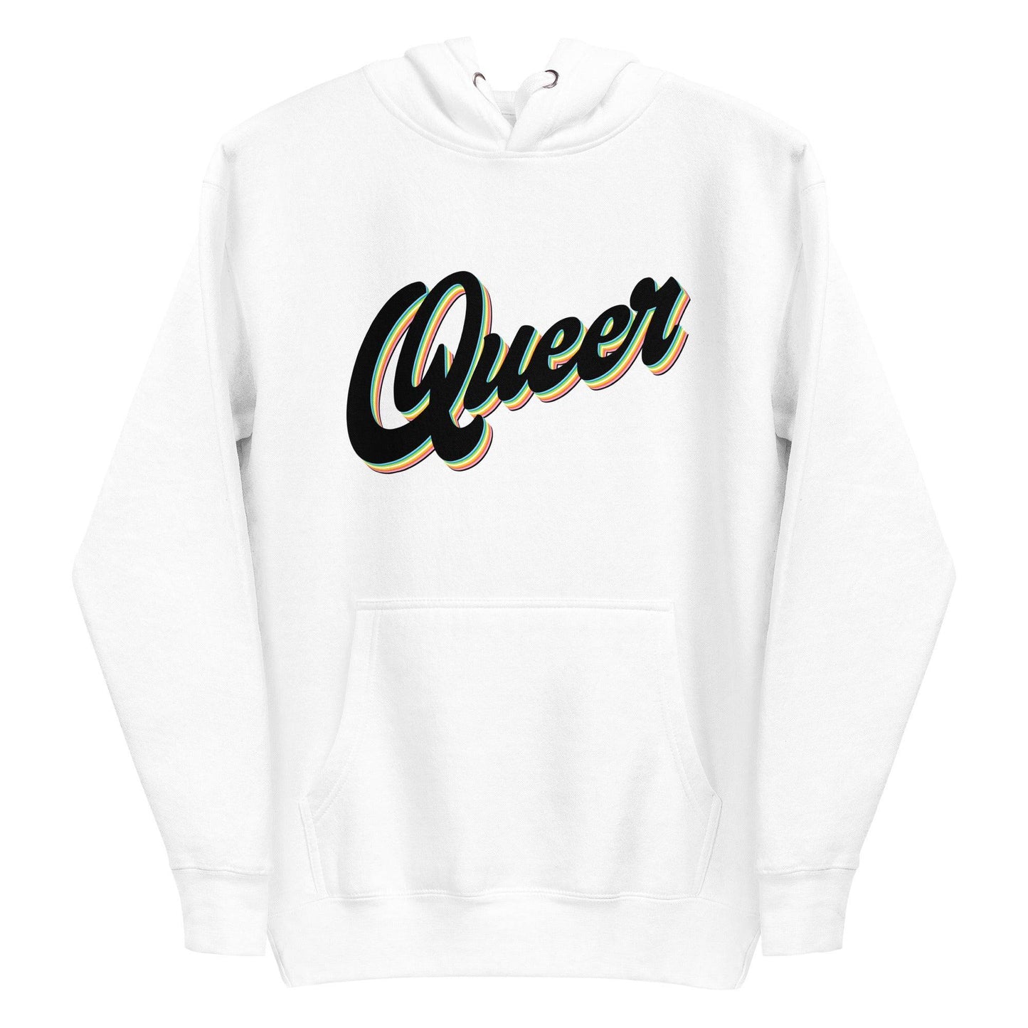Introducing the Pridelity Queer Hoodie, part of the Pride Collection. This carbon grey hoodie proudly displays "Queer" in bold, multicolored letters with a 3D effect and rainbow accents to celebrate LGBTQ+ spirit. It comes with a front pocket and a hood with drawstrings for added comfort and style.