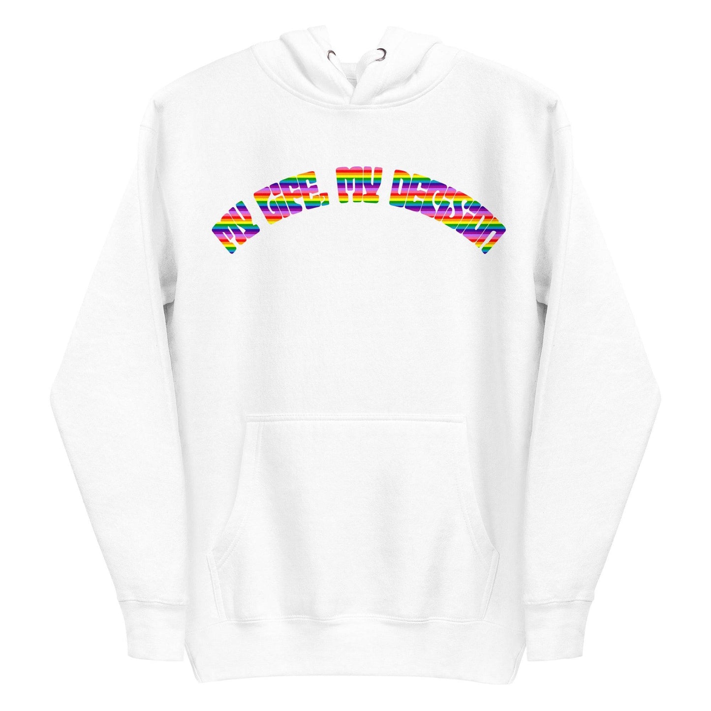 The My Life, My Decision Hoodie by Pridelity is a maroon pride hoodie showcasing "NEO HUMAN" elegantly arched across the chest in vibrant rainbow letters. It includes a front pocket and drawstrings at the hood.