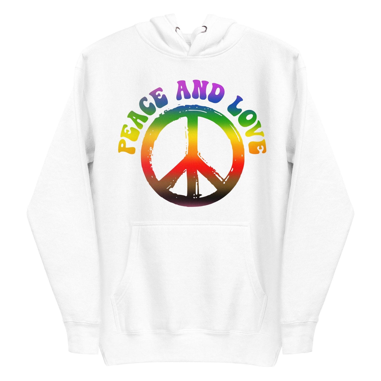 The Peace & Love Hoodie by Pridelity is a white hoodie adorned with a vibrant peace symbol and "Peace and Love" written in rainbow letters, capturing the essence of pride shirts.