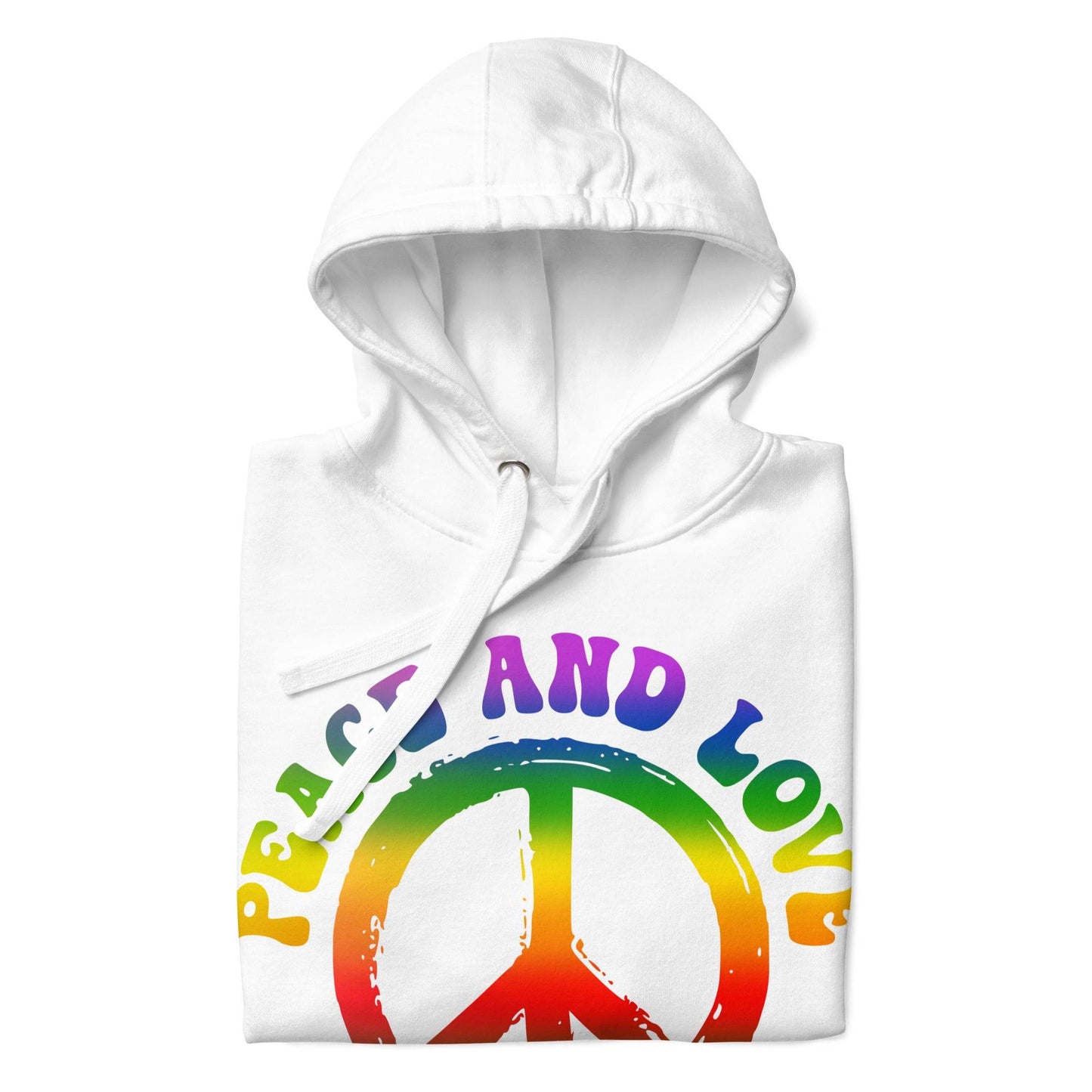 The Peace & Love Hoodie by Pridelity is a white hoodie adorned with a vibrant peace symbol and "Peace and Love" written in rainbow letters, capturing the essence of pride shirts.