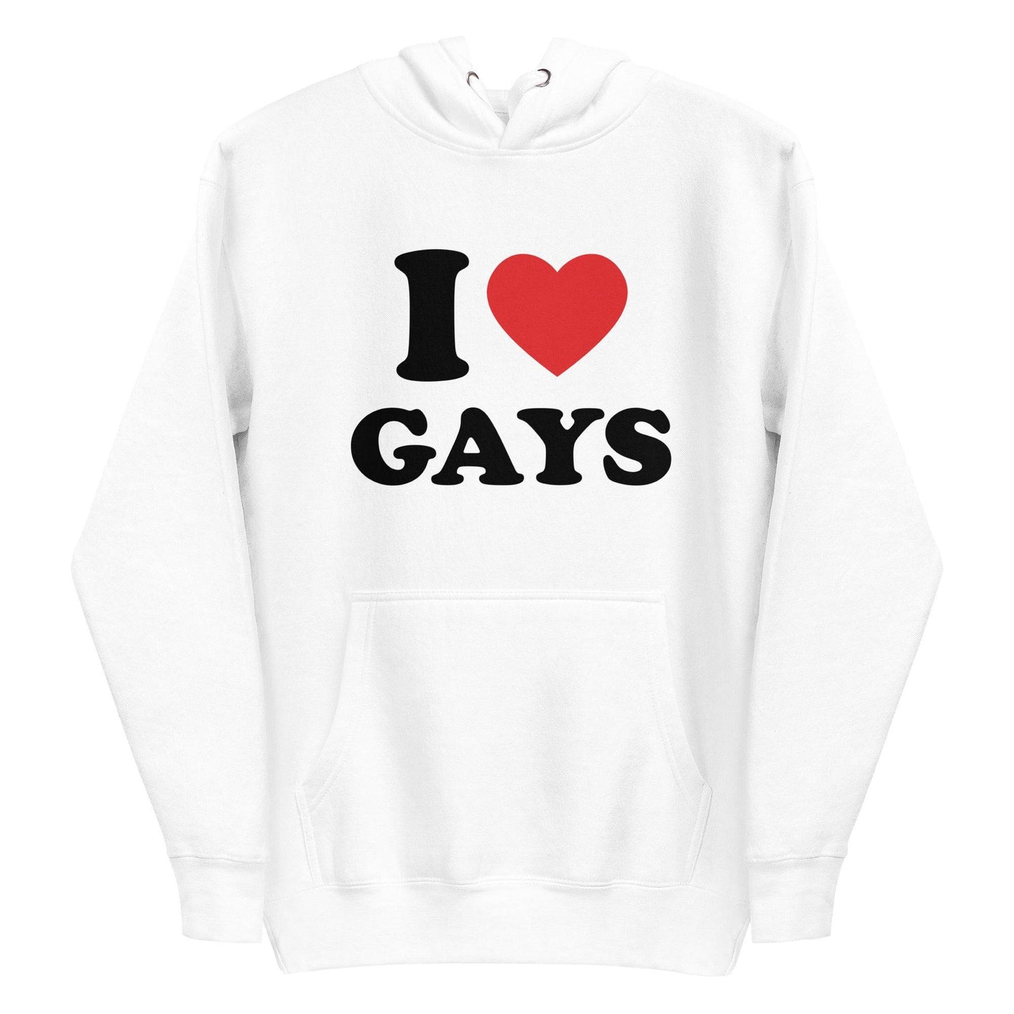 The I Love Gays Hoodie by Pridelity showcases striking black text with "I ♥ GAYS" on the front, substituting a bright red heart for "love." It includes a convenient front pocket and a drawstring hood, offering both style and comfort. This hoodie is available in white.