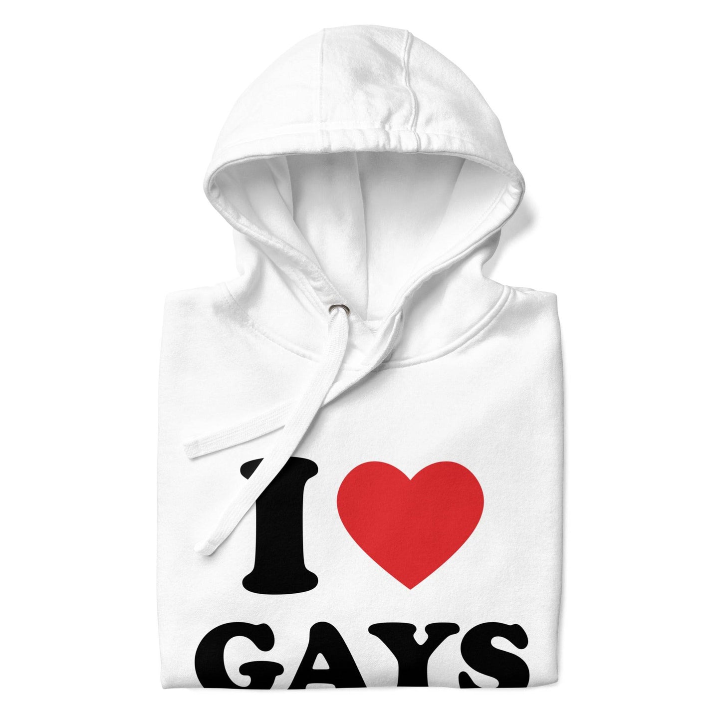 The I Love Gays Hoodie by Pridelity showcases striking black text with "I ♥ GAYS" on the front, substituting a bright red heart for "love." It includes a convenient front pocket and a drawstring hood, offering both style and comfort. This hoodie is available in white.