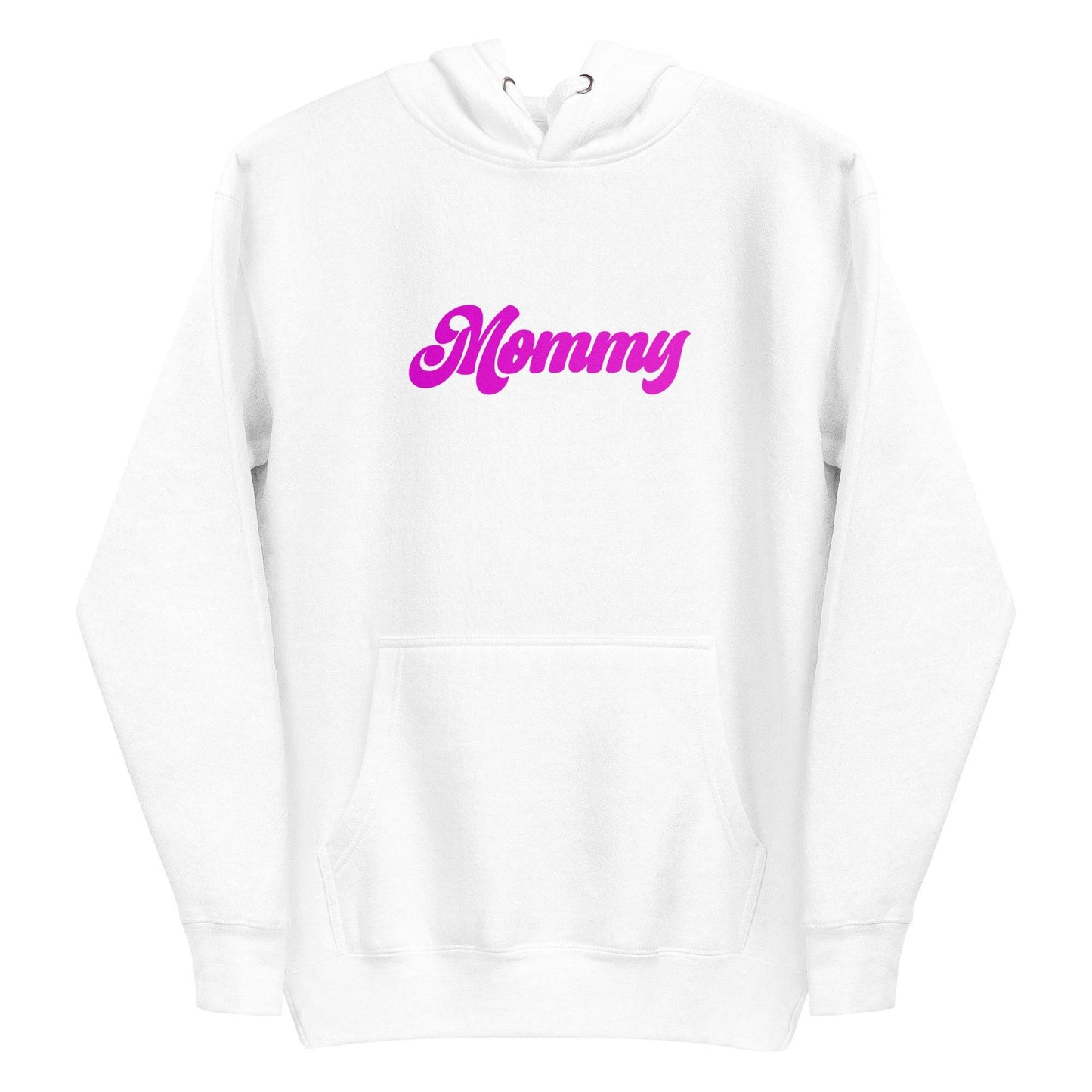 Pridelity's Mommy Hoodie in purple, featuring "Mommy" written in pink cursive across the chest, celebrates pride.
