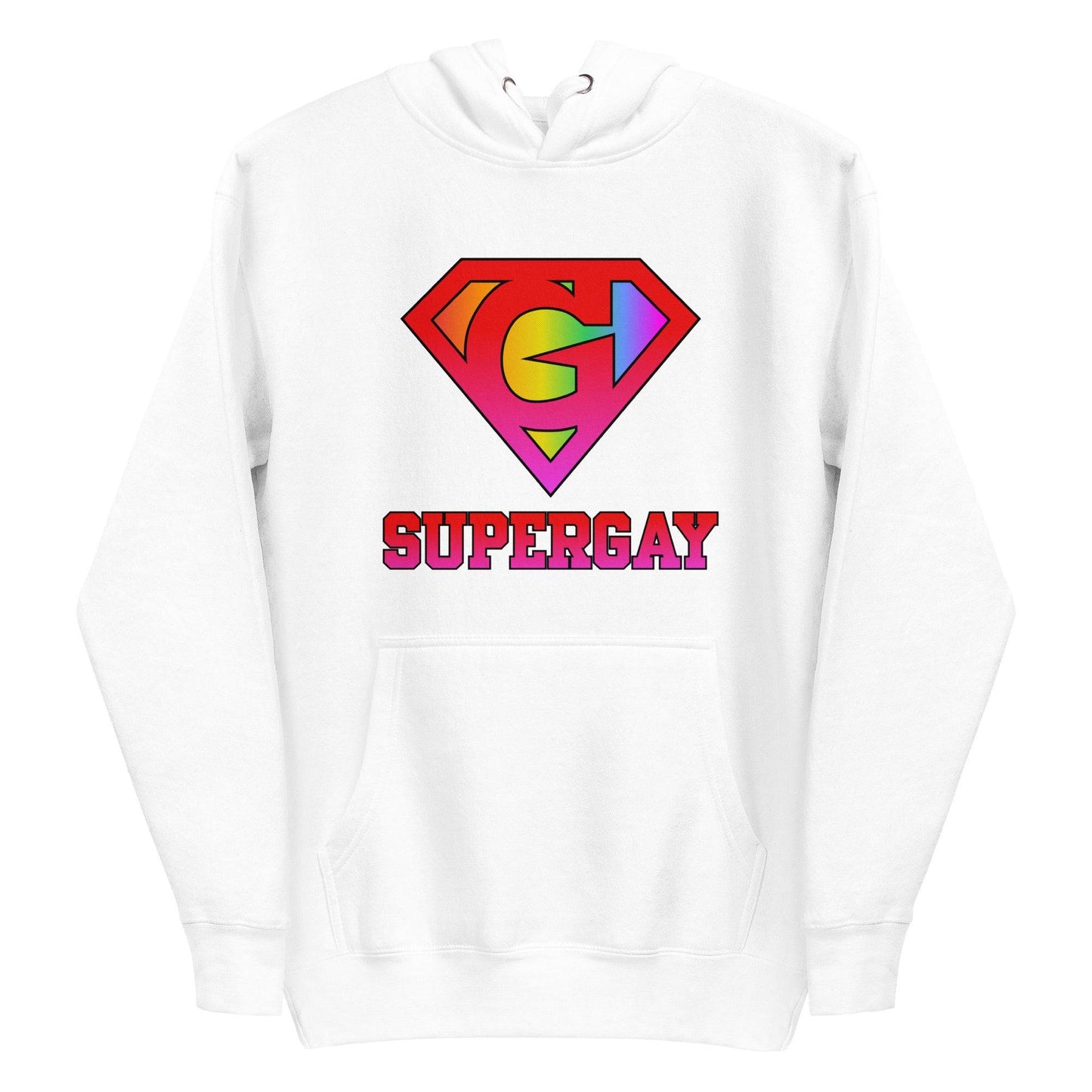 Explore the SuperGay Hoodie by Pridelity, part of our pride collection. This white hoodie features a rainbow-colored "S" shield design reminiscent of a superhero logo, with bold pink letters spelling out "SUPERGAY" below, celebrating LGBTQ+ pride in vibrant style.