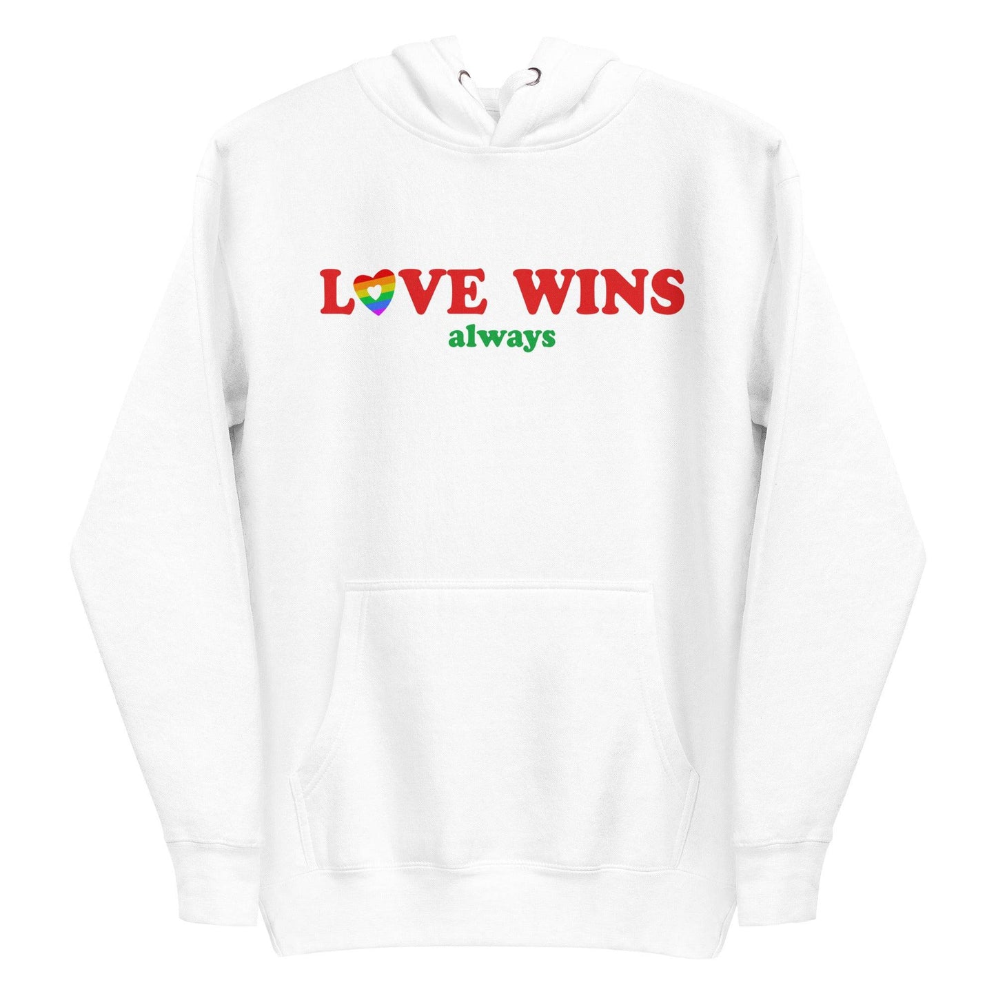 Introducing the Love Wins, Always Hoodie by Pridelity in Team Royal. This cozy garment is perfect for proudly expressing yourself, featuring the phrase "LOVE WINS always" with charming rainbow-colored "O" and "S." Complete with a front pocket and adjustable drawstrings, it offers both comfort and style.