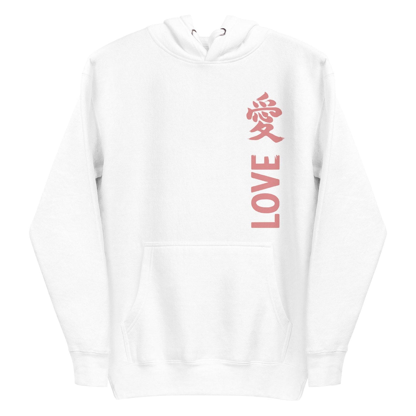 The Love Kanji Hoodie from Pridelity is a black piece featuring the word "LOVE" in pink capital letters running vertically on the front, coupled with a pink stylized Chinese character. This pride-inspired hoodie is designed with a front pocket and drawstring hood, seamlessly blending style with a bold expression of love.