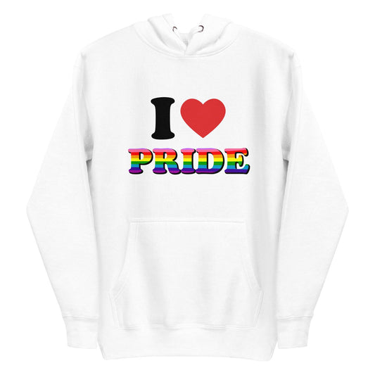 Introducing the I Love Pride Hoodie from Pridelity, a stylish white hoodie showcasing "I ❤️ PRIDE" on the front with "PRIDE" glowing in vibrant rainbow colors—ideal for pride enthusiasts.