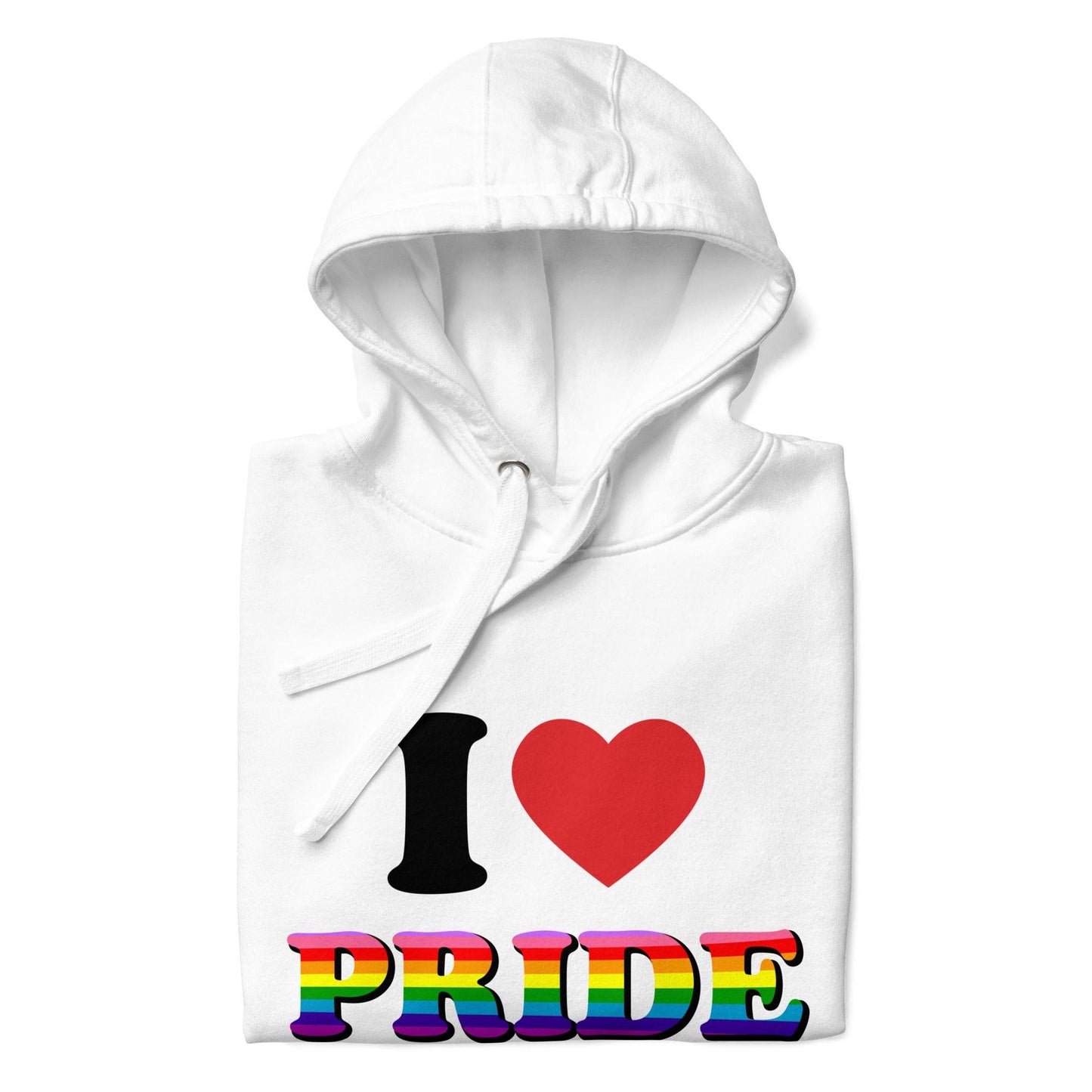 Introducing the I Love Pride Hoodie from Pridelity, a stylish white hoodie showcasing "I ❤️ PRIDE" on the front with "PRIDE" glowing in vibrant rainbow colors—ideal for pride enthusiasts.