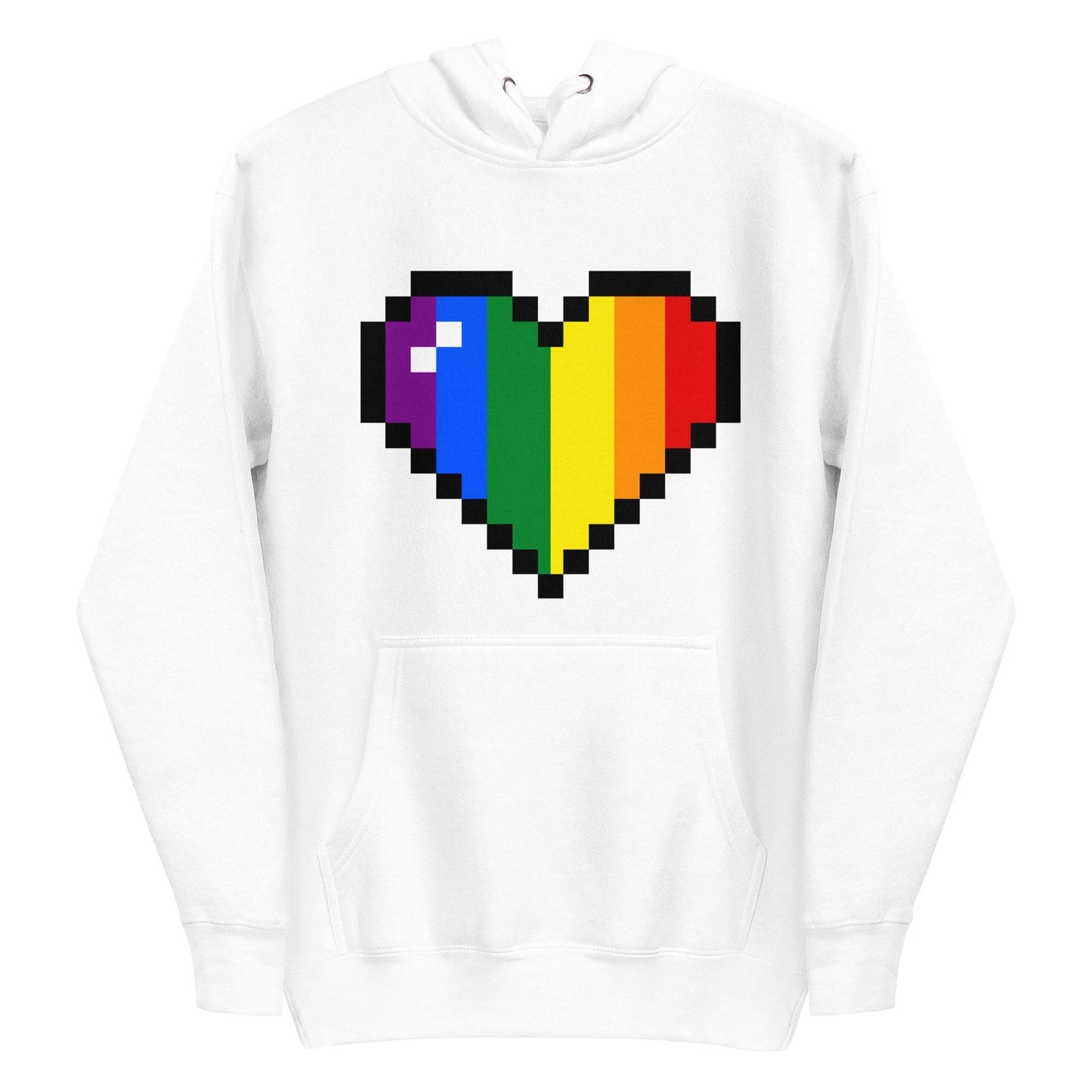 Introducing the Big Pixel Heart Hoodie by Pridelity, a team royal blue garment showcasing a centrally placed pixelated heart design in radiant rainbow shades of red, orange, yellow, green, blue, and purple. Proudly part of our Pride Collection.