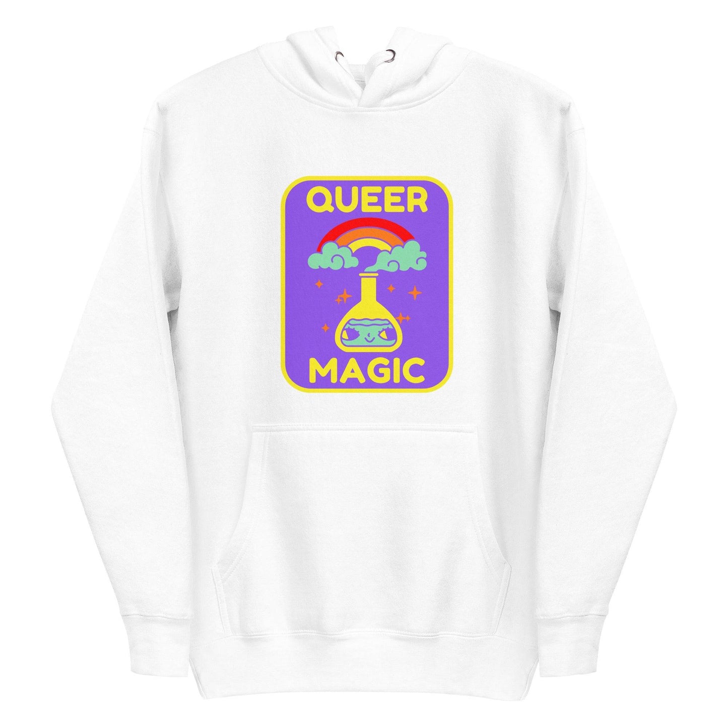 Introducing the "Queer Magic Hoodie" by Pridelity, a stylish piece from our pride collection. This purple hoodie features a vibrant design of a potion bottle with a smiling face, set amidst clouds and a rainbow. The phrase "Queer Magic" is elegantly printed above and below the illustration, celebrating LGBTQ+ spirit with flair.