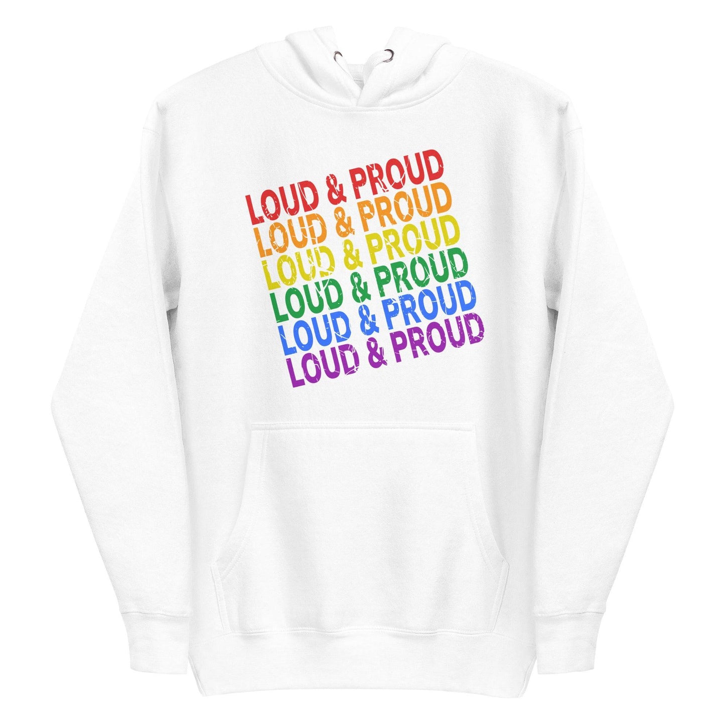 Introducing the Loud & Proud Hoodie by Pridelity: A black hoodie featuring the phrase "LOUD & PROUD" repeated in bold, eye-catching gradient letters. Ideal for those who love pride-themed apparel and wish to showcase their vibrant spirit with flair.