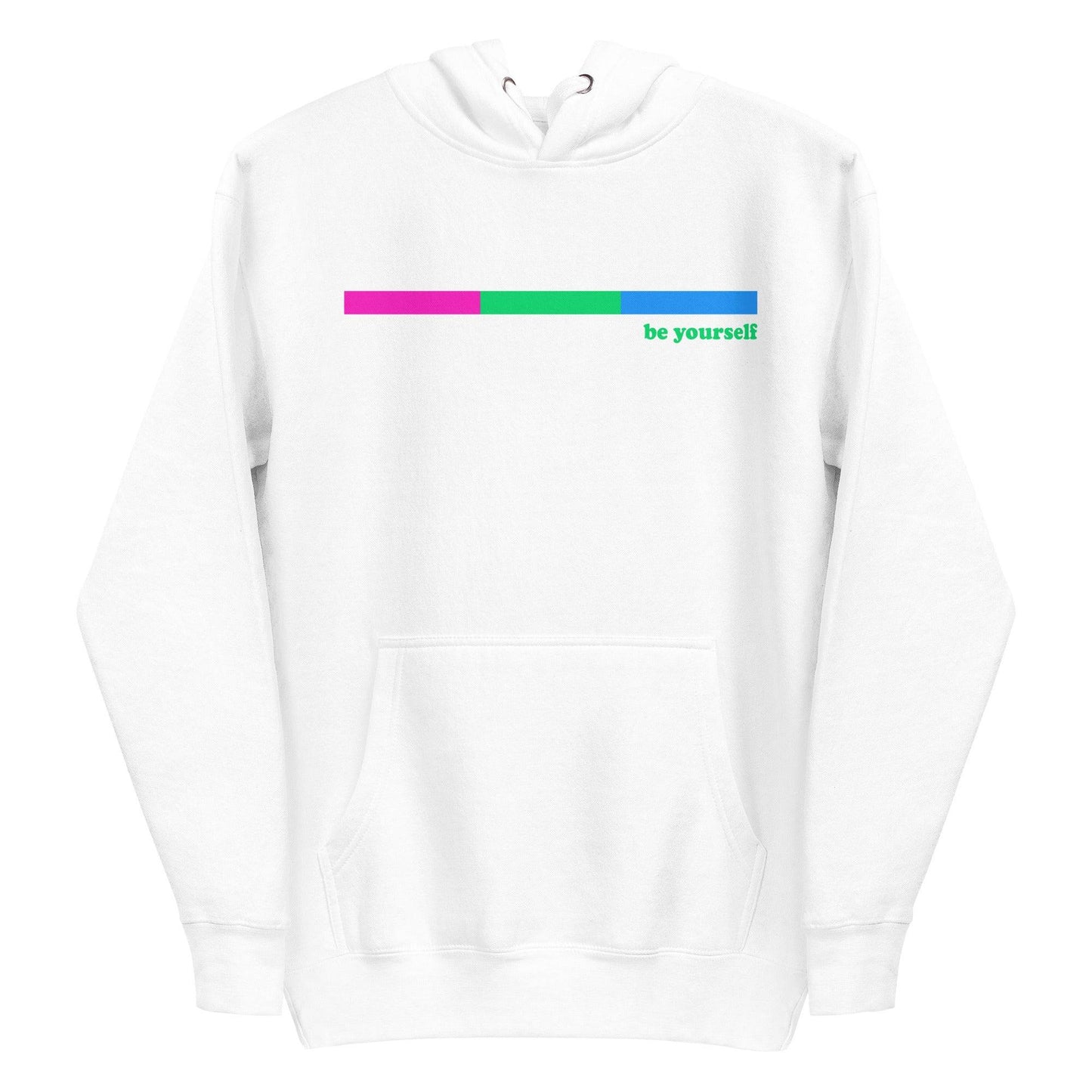 Introducing the Polysexual Hoodie by Pridelity: This black hoodie combines comfort and style with its front pocket and drawstring hood. It features a design inspired by pride shirts, showcasing a horizontal bar shaded pink and green on one side, accompanied by the phrase "be yourself" in green text on the right.